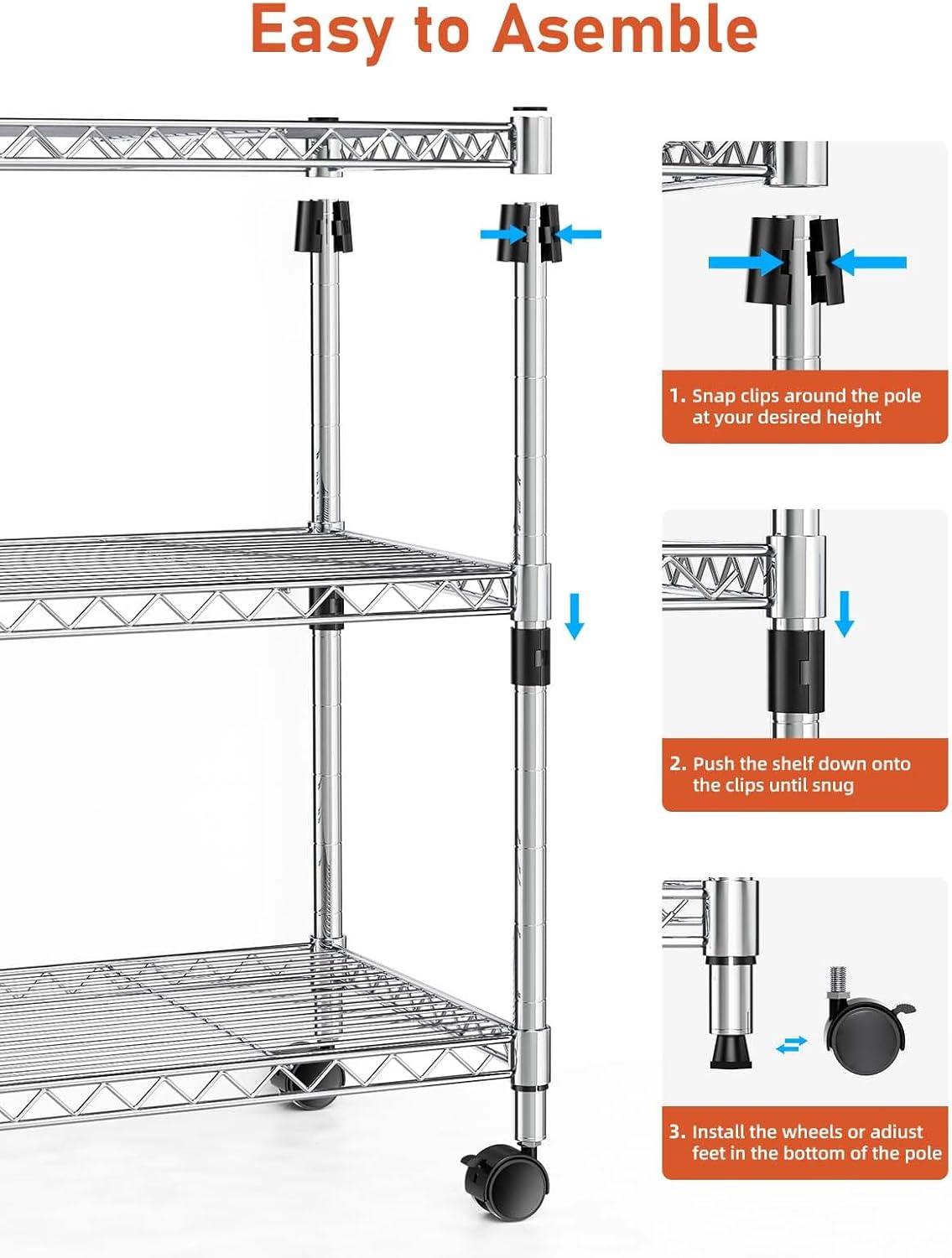 YSSOA Heavy Duty 3-Shelf Shelving with Wheels, Adjustable Storage Units, Steel Organizer Wire Rack, Plug Version