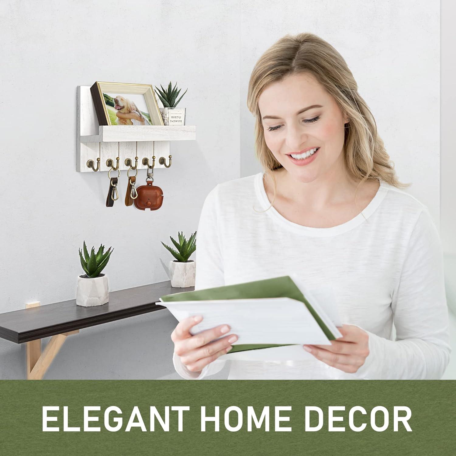 Rebee Vision Key Holder Wall Mount - Decorative Key and Mail Organizer for Wall with Shelf - Entryway and Living Room Decor(White)