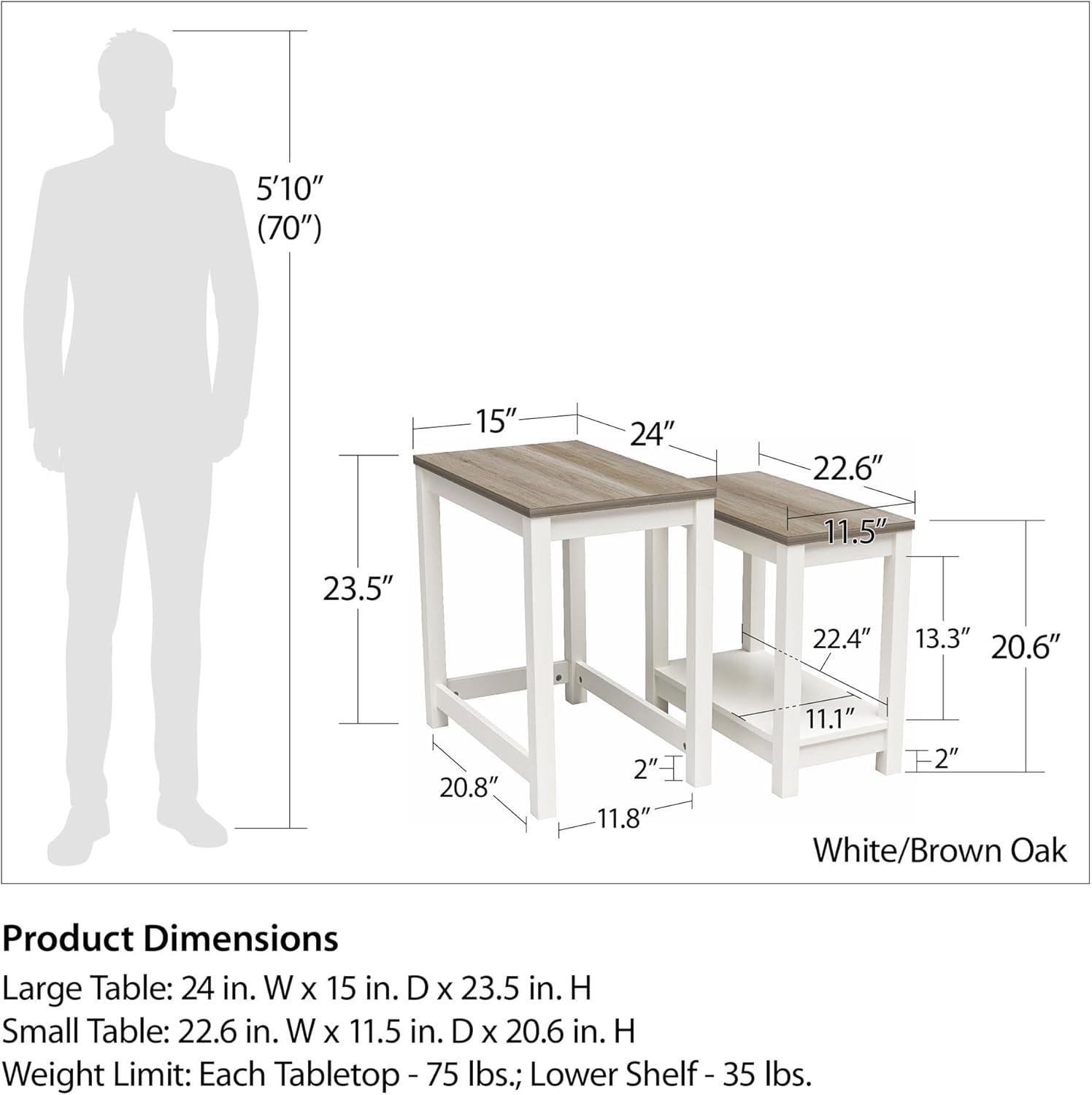 Chapel Hill Rustic Farmhouse Nesting Table 2-Piece Set, White with Brown Oak Top