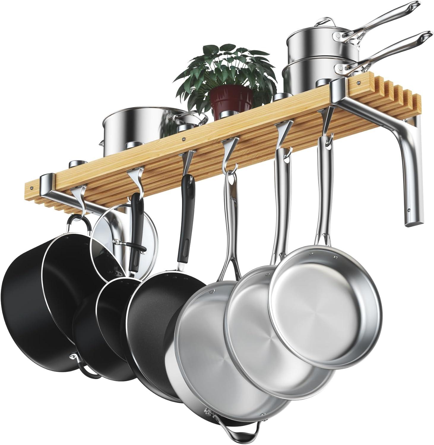 36-Inch Natural Wood Wall-Mounted Pot Rack with Aluminum Hooks