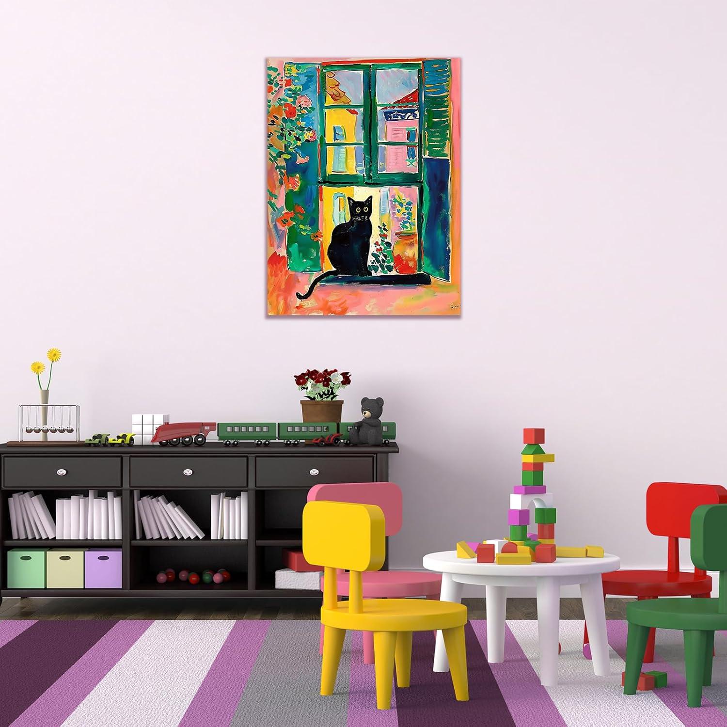 Henri Matisse Oil Paintings on Canvas Wall Art Matisse Famous Open Window Black Cat Poster Funny Cat Floral Print Colorful Farmhouse Gallery Aesthetic Room Decor for Bedroom Bathroom 12x16in Unframed