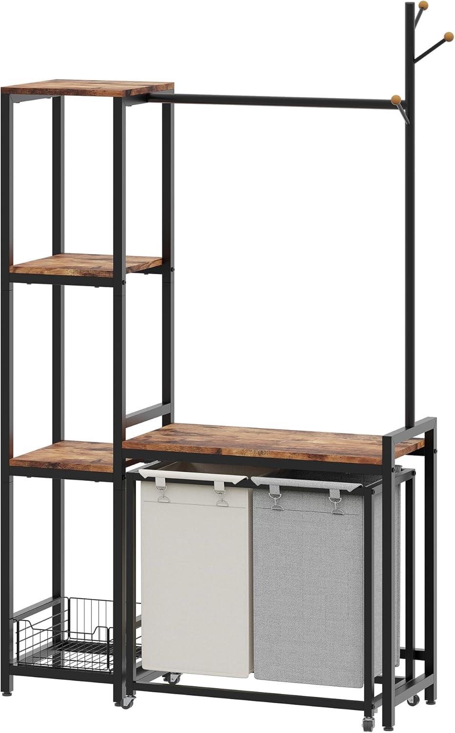VASAGLE Clothes Rack with Laundry Hamper Removable Laundry Basket with Shelf Rustic Brown and Black