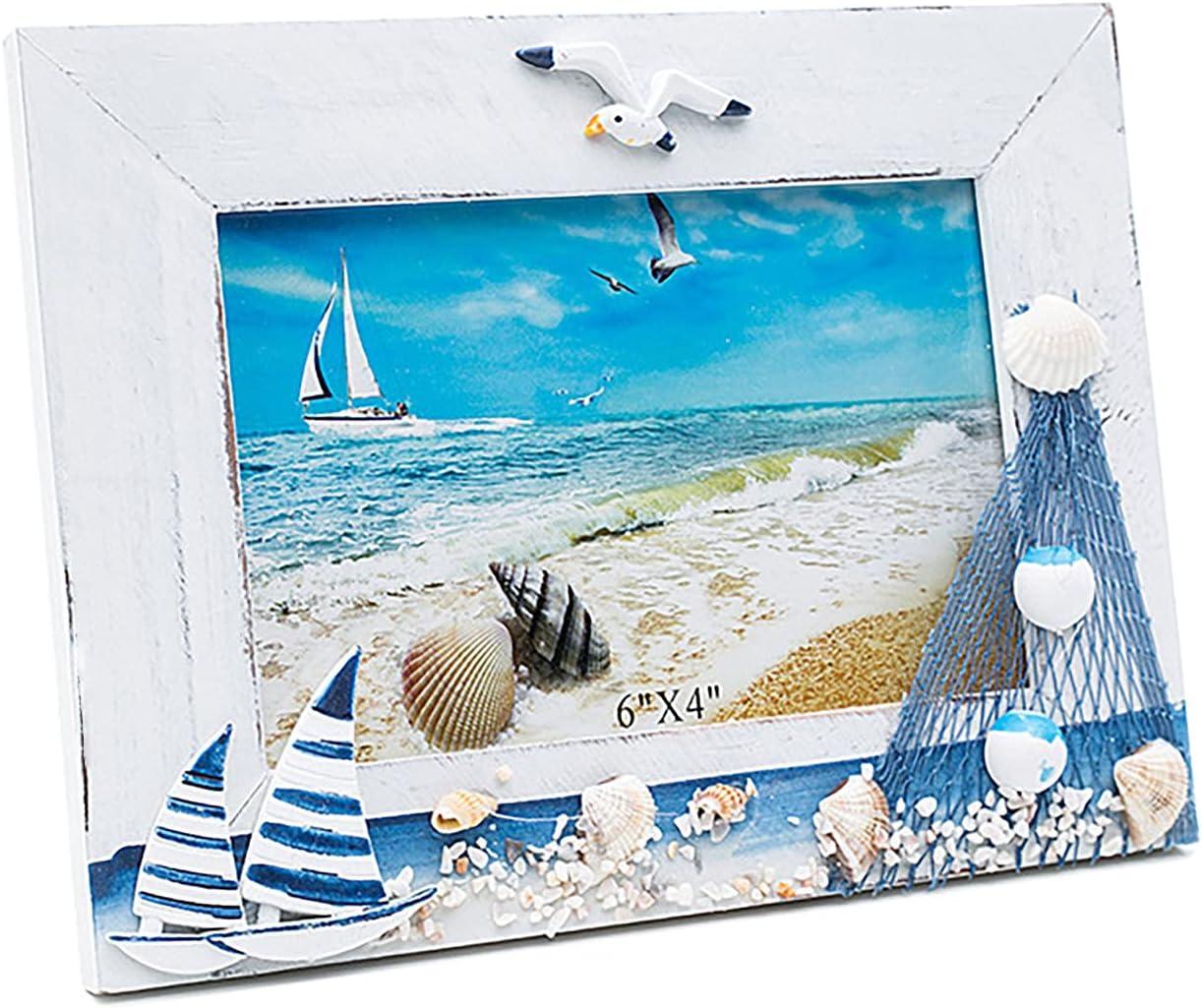 JANOU Mediterranean Photo Frame Boat Wooden Picture Frame Wooden Photo Frame Holder for Nautical Beach Themed Home Coffee Shop Decoration, 6x4 Inch