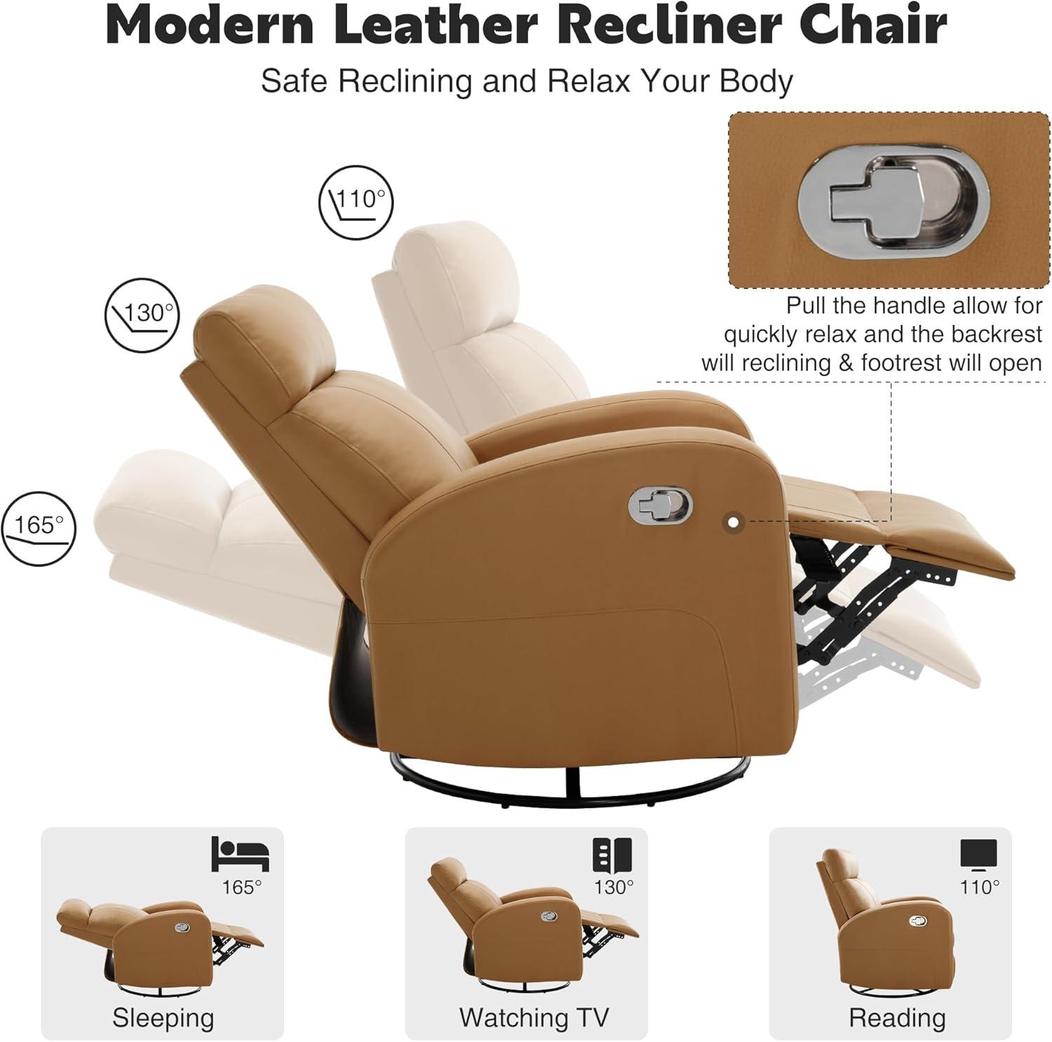 Swivel Rocker Recliner Chair, Manual Leather Recliner, Glider Rocking Recliner Chair 360°Swivel Nursery Reclining Chair with Adjustable Headrest/Highback for Living Room, Brown
