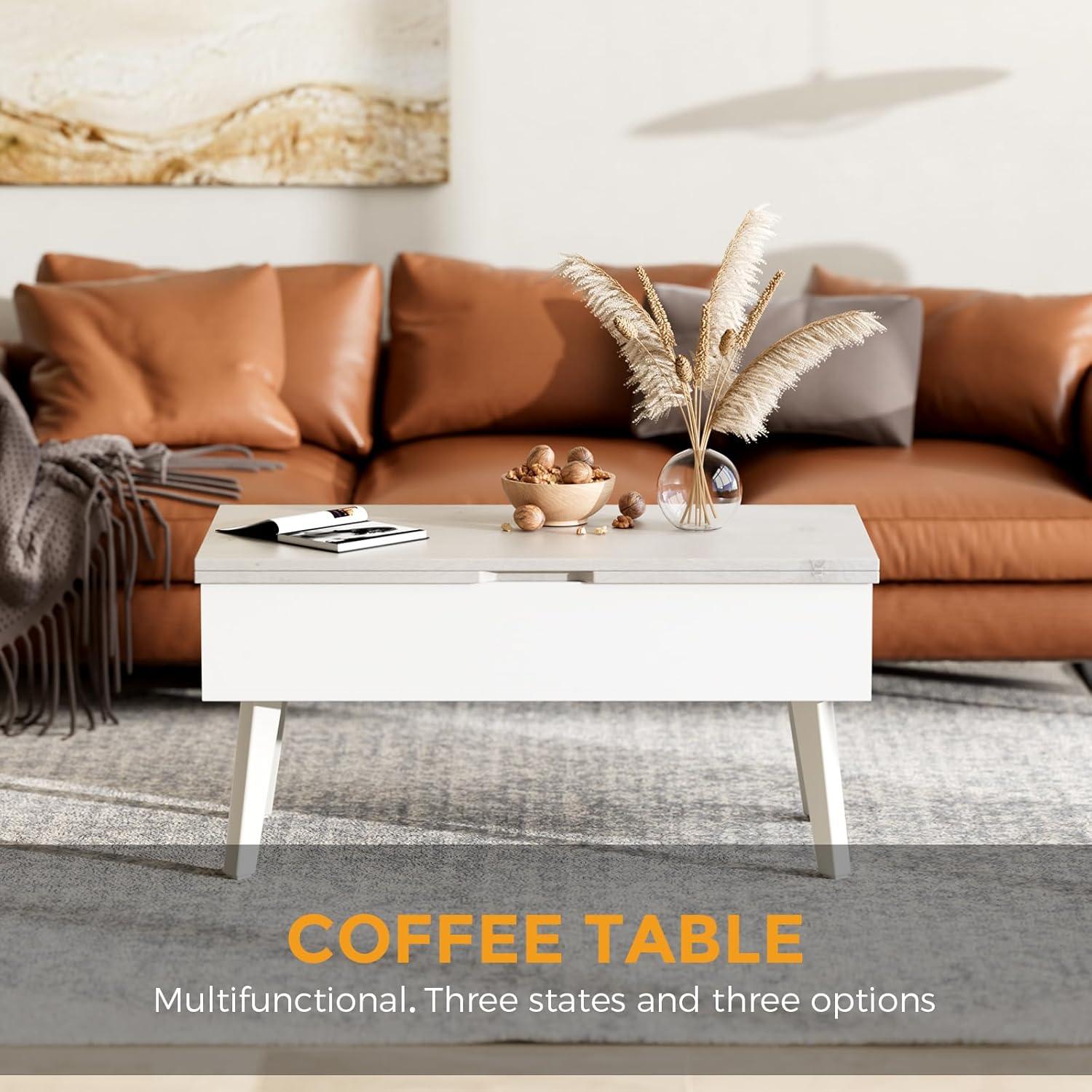 Lift Top Coffee Table, Ten Minute Install Table Center with Hidden Storage Compartments, Rising Tabletop Dining for Living Room，Walnut