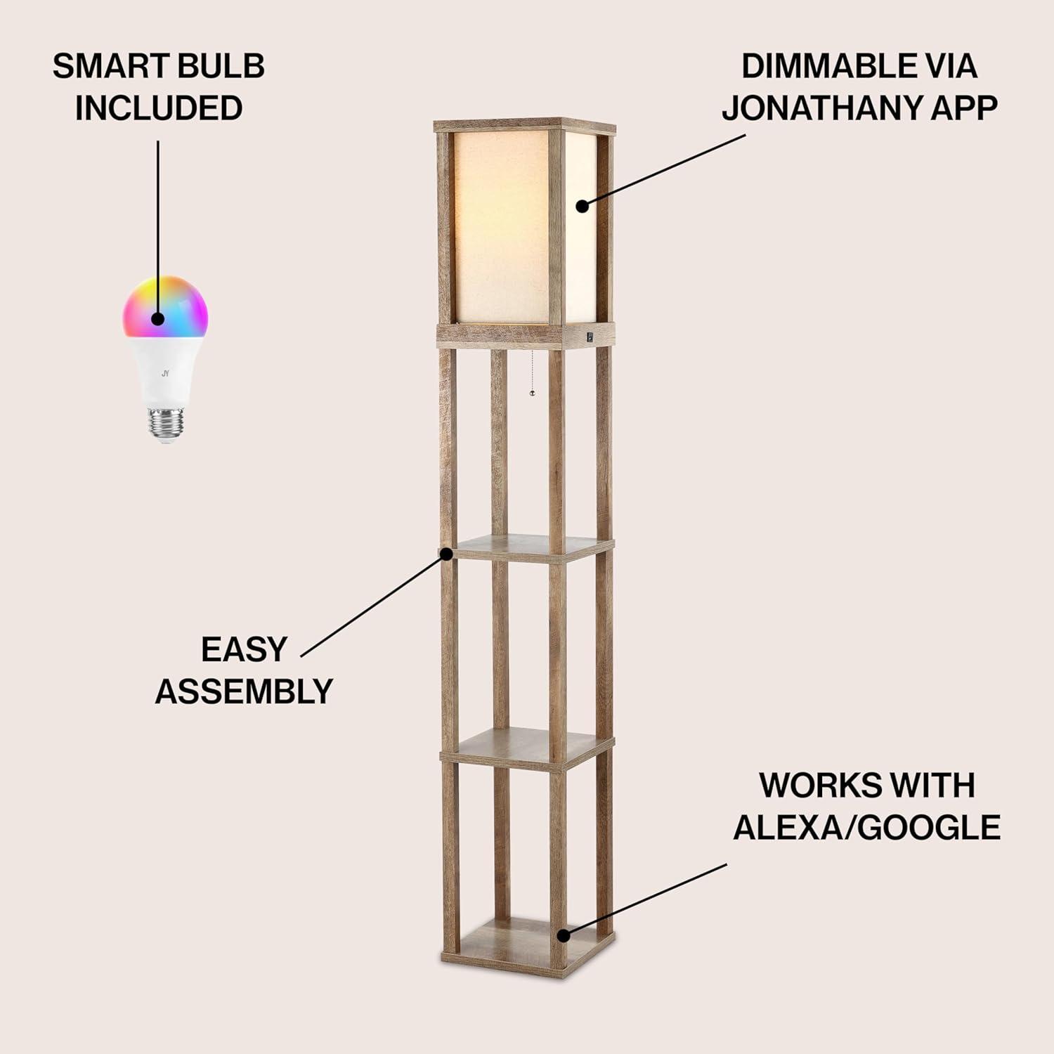 Etagere 63.5" Rustic Bohemian Wooden LED 3-Shelf Floor Lamp with Pull-Chain, USB Charging Port and Smart Bulb, Brown