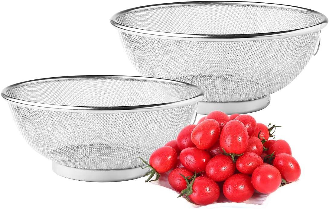 2 Pack Stainless Steel Mesh Colander Kitchen Fine Mesh Strainer Bowl Straining Screen Basket Drainer Rice Washing Bowl Colander Sieve Sifters for Rice, Pasta, Noodles, Vegetables, Fruits
