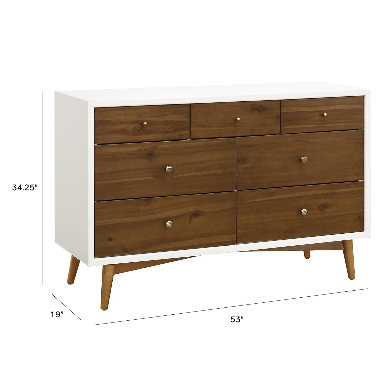 Warm White and Natural Walnut Mid-Century Double Dresser with Tapered Legs