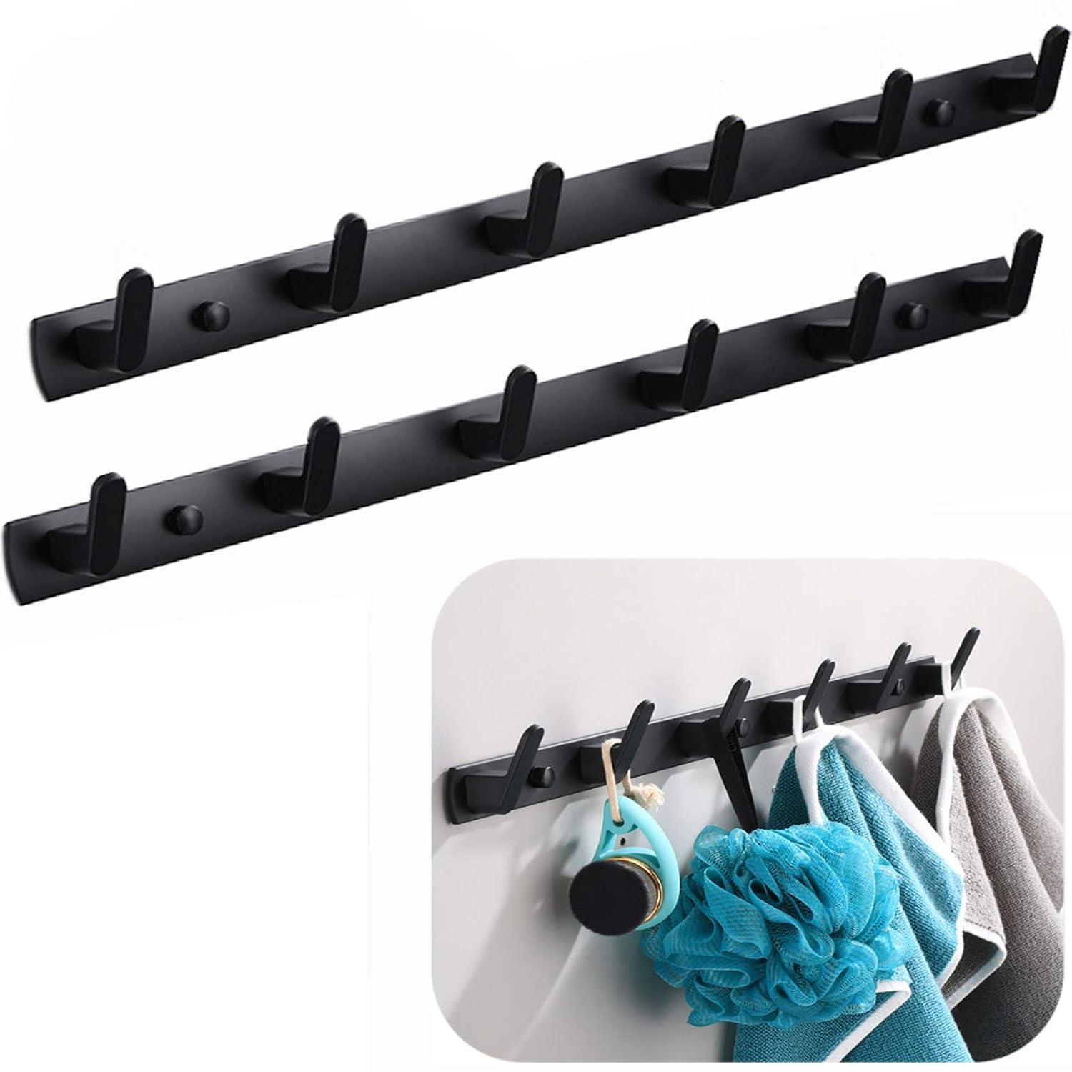 Wall Mounted Coat Racks with 6 Hooks Hanging Holder Towel Rack 21.7"x1.3" Modern Black Hanging for Clothes Entryway Bathroom (6 Hooks(2 Packs))