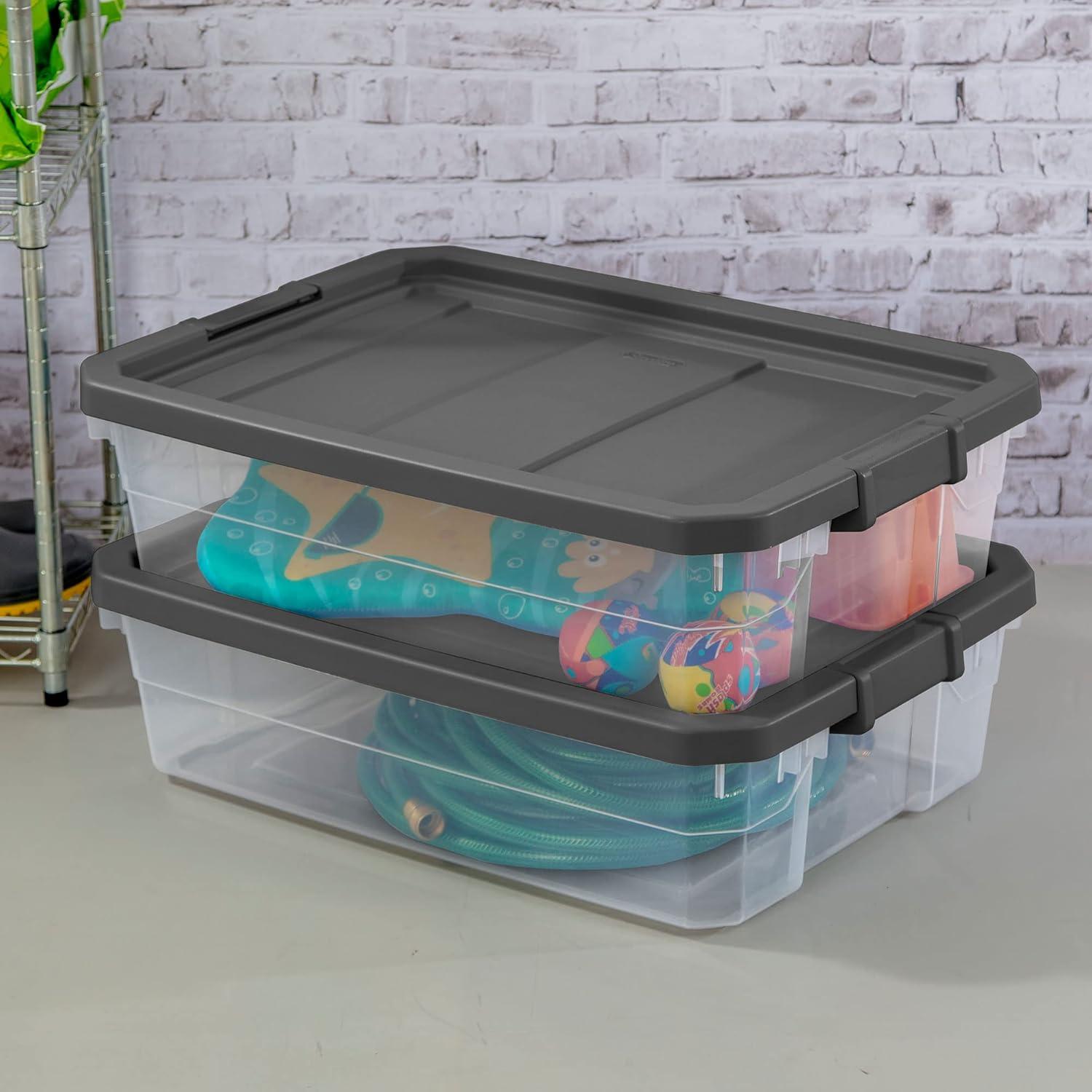 Flat Gray Plastic Stackable Lidded Storage Box, 40 Qt