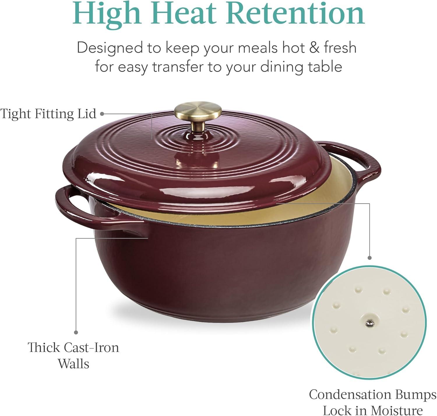 Enamel Cast-Iron Dutch Oven, Heavy-Duty Cookware w/ Dual Handles, Lid