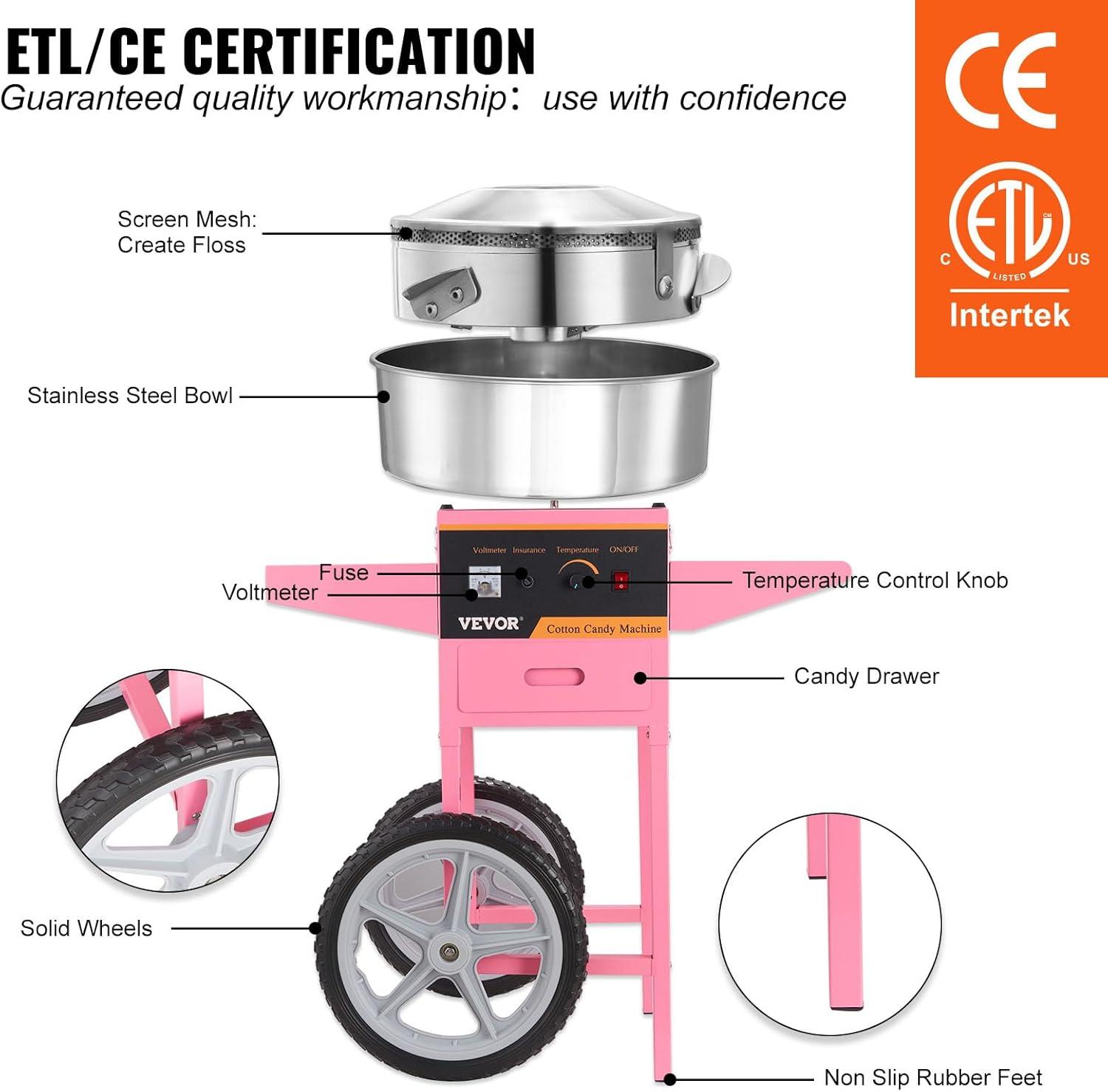 VEVOR Electric Cotton Candy Machine Cart, 1000W Commercial Floss Maker w/Stainless Steel Bowl, Sugar Scoop and Drawer, Perfect for Home, Carnival, Kids Birthday, Family Party, Pink
