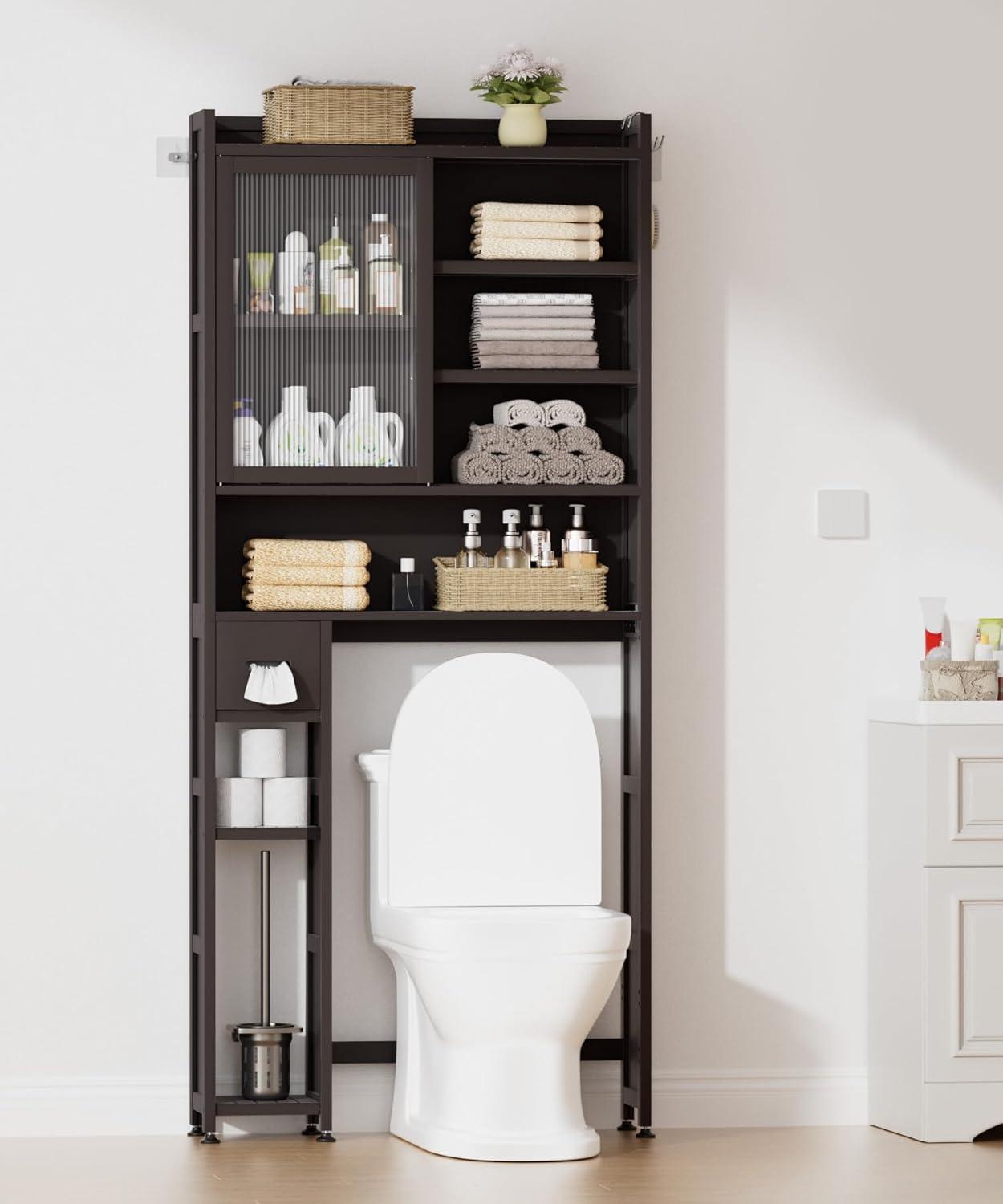 Latitude Run® Over The Toilet Storage Cabinet With Acrylic Door Panel And Paper Towel Drawer, Bamboo Space Saver Shelf, Bathroom Organizer Rack