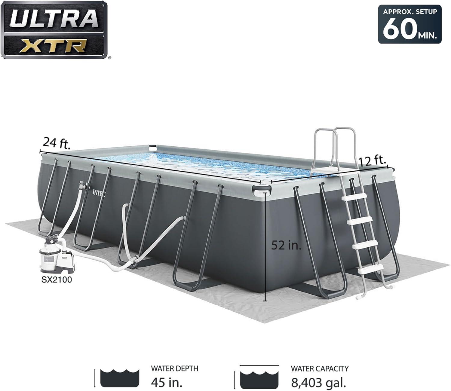 Intex 26363EH Ultra XTR 24ft x 12ft x 52in Outdoor Above Ground Rectangular Swimming Pool Set with 2 Lounge Pool Recliner Floats & 72 Can Cooler Float