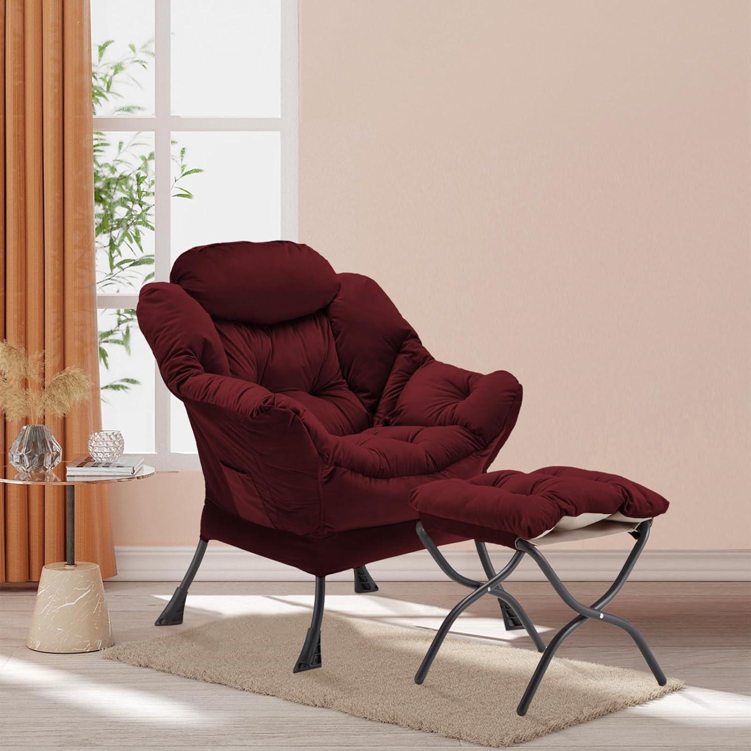 Burgundy Velvet Accent Chair with Ottoman and Metal Frame