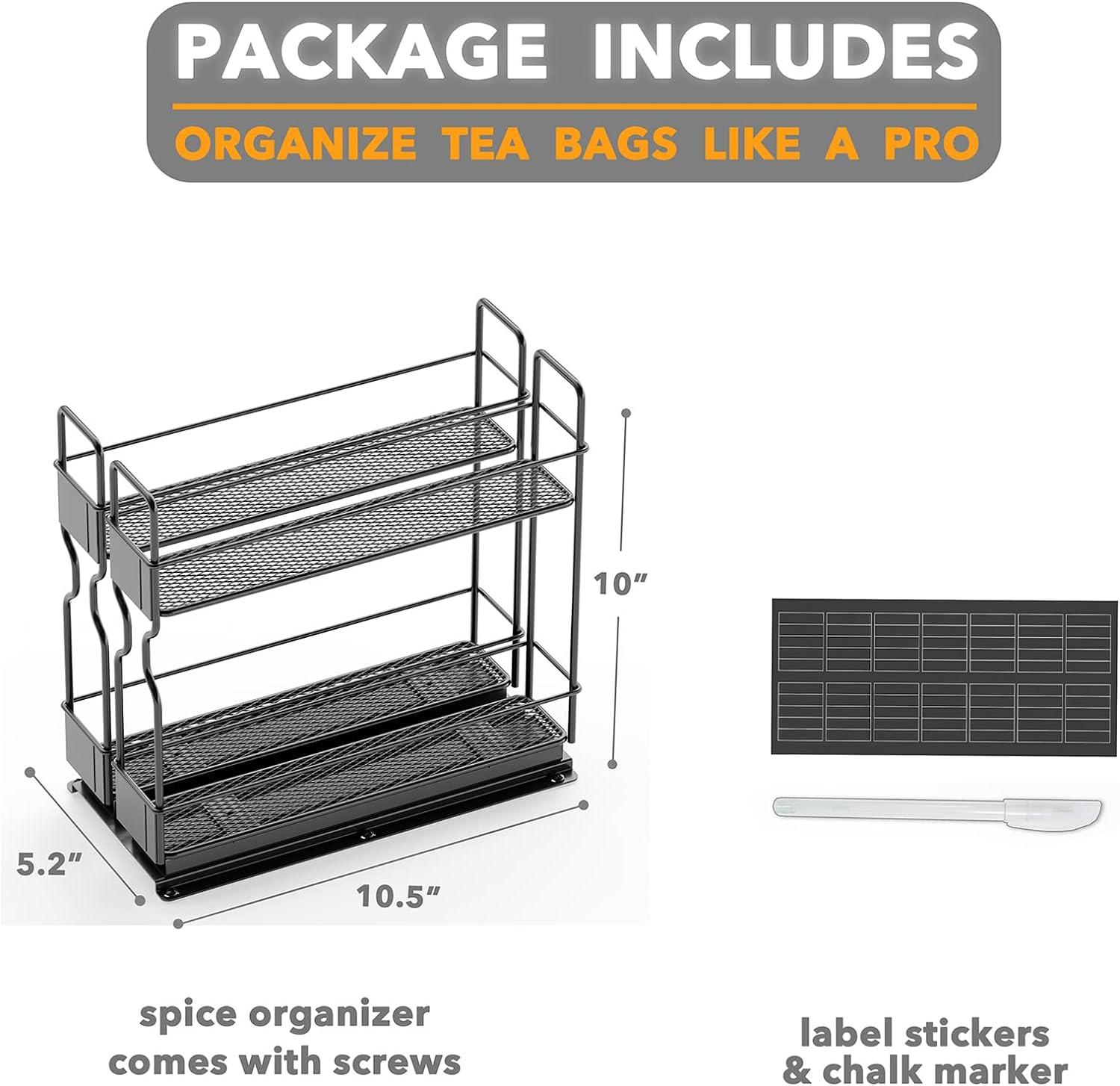 Pull Out Spice Rack Organizer for Cabinet - Heavy Duty Slide Out Kitchen Organizer with Labels, 5.2" W x 10.75" D x 10" H, 2 Drawers, 2-Tier