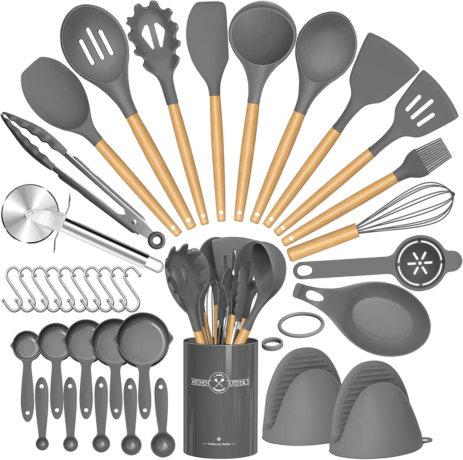 Silicone Kitchen Cooking Utensils Sets with Holder,Nonstick Heat Resistant,Wooden Handle,Black