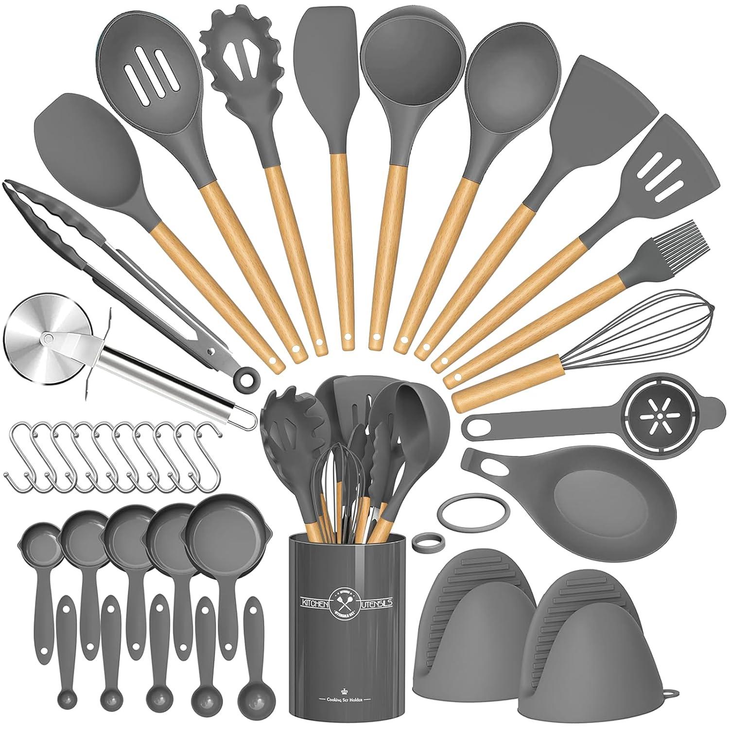 Silicone Kitchen Cooking Utensils Sets with Holder,Nonstick Heat Resistant,Wooden Handle,Black