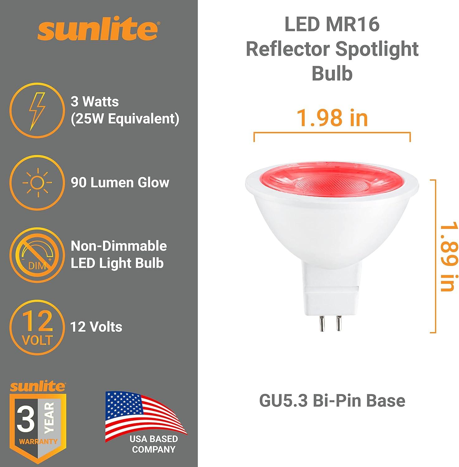 Sunlite 80855 LED MR16 Reflector Spotlight Bulb, 90 Lumens, 3 Watts (25W Halogen Bulb EQ) 12V, GU5.3 Bi-Pin Base, Non-Dimmable, Party Decoration, Holiday Lighting Red Color, 1 Count