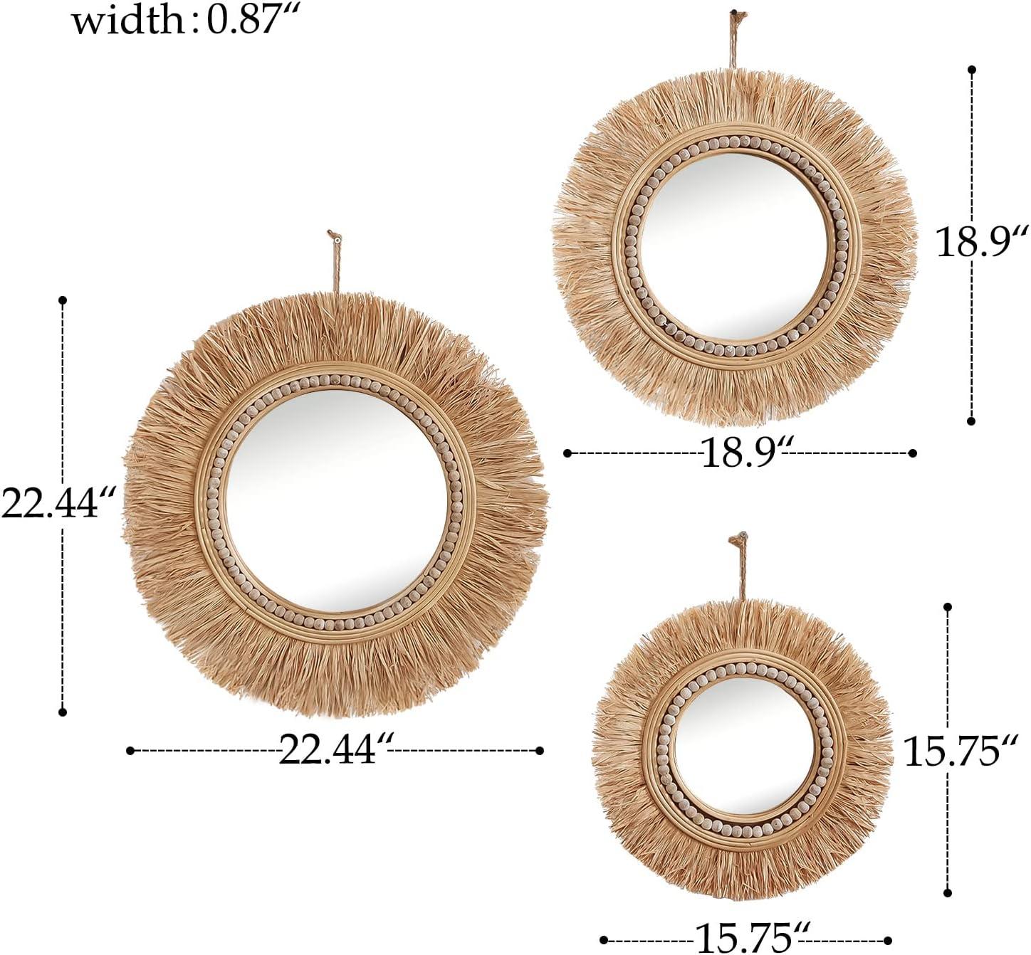 Natural Raffia and Bead Round Wall Mirrors Set