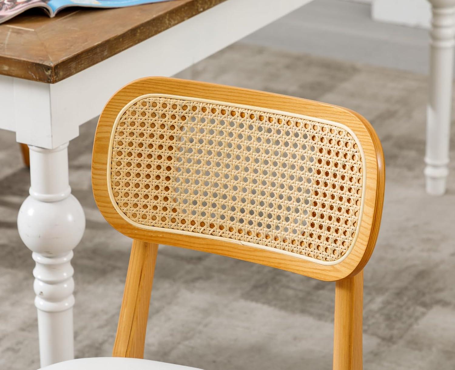 Upholstered Faux Leather Seat Rattan Back Dining Chair, Solid Wood Frame Side Chair For Living Room