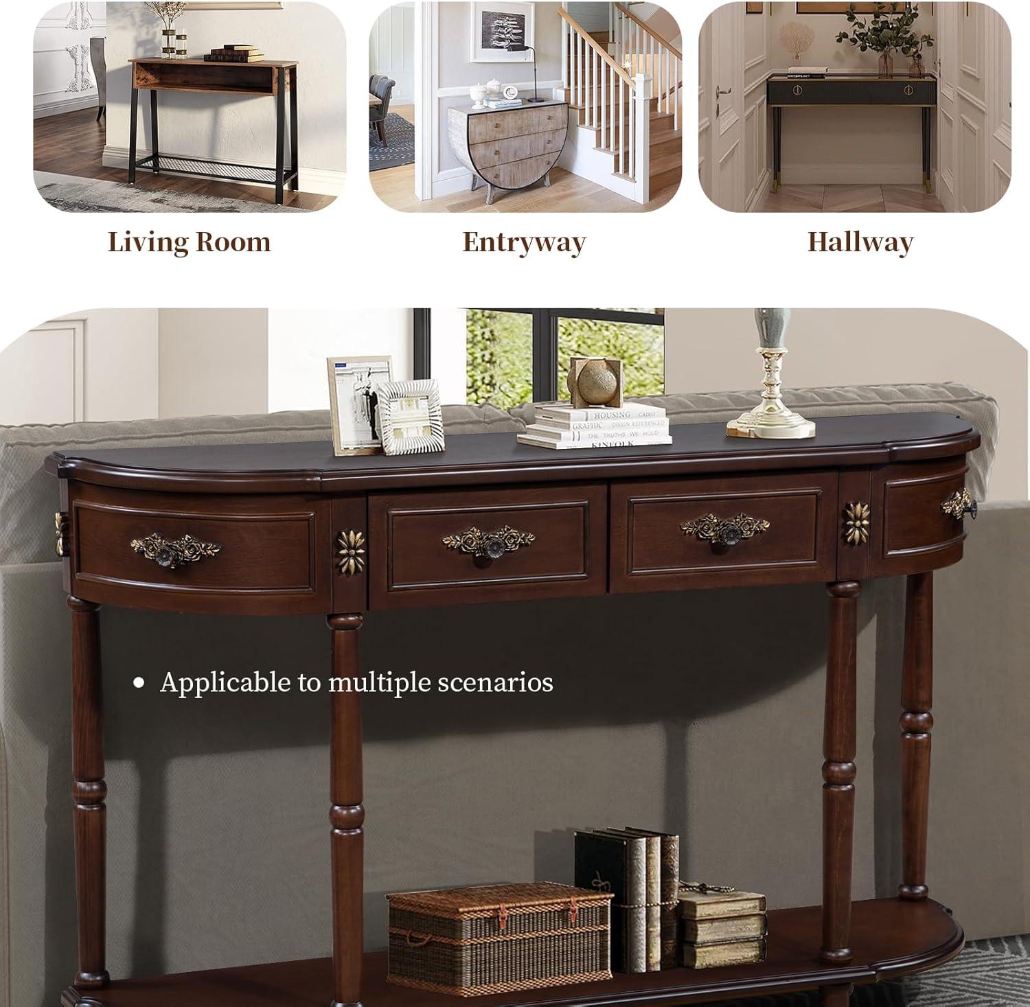 52" Espresso Wood Demilune Console Table with Storage