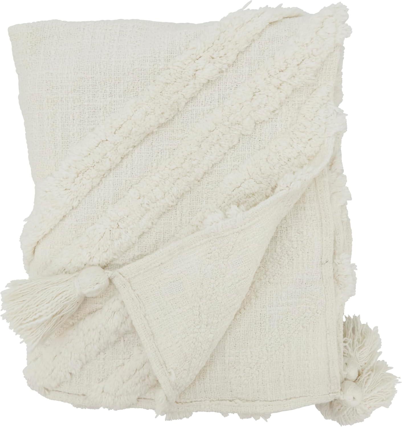 White Cotton Textured Tufted Throw with Tassels