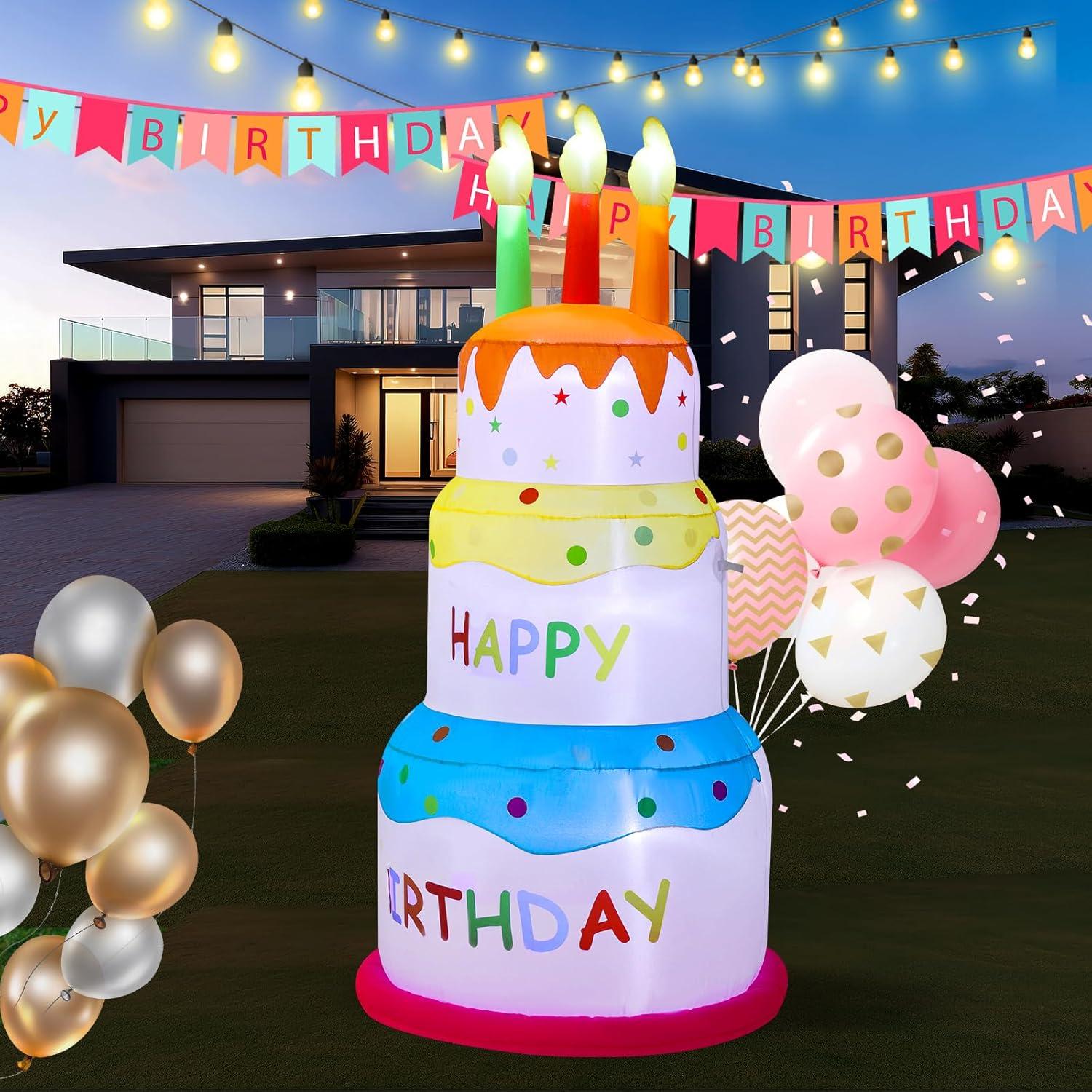 AJY 6 Feet Birthday Inflatable Happy Birthday Inflatable Cake with Candle Blow Up Inflatable Indoor Outdoor Yard Lawn Decoration Clearance
