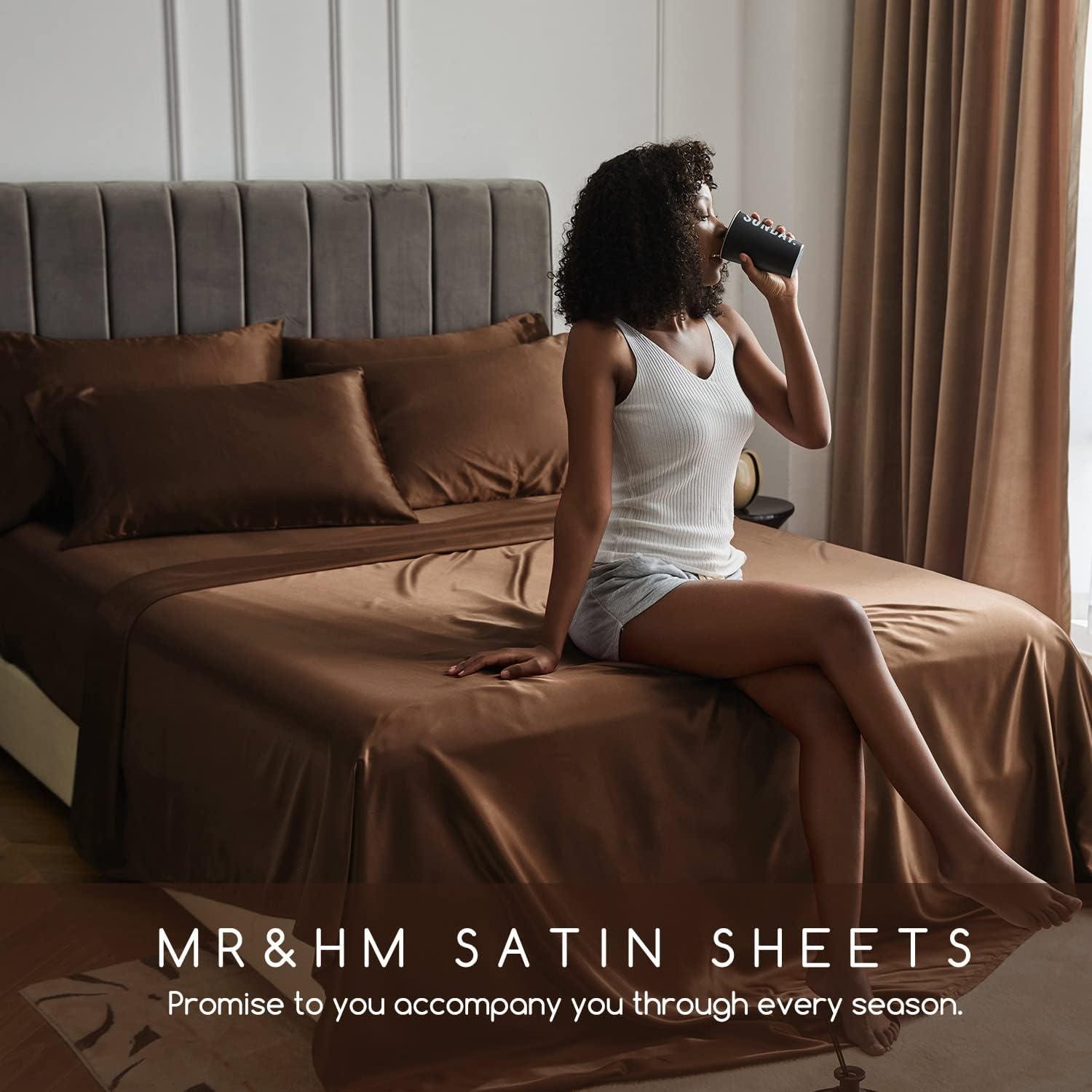 MR&HM Satin Sheet Set Queen 4 Pcs, Silky Elegant Luxurious Queen Size Bed Sheets, with Flat Sheet, Deep Pocket Fitted Sheet for Mattress and Matching Satin Pillow Cases (Queen Size, Brown)