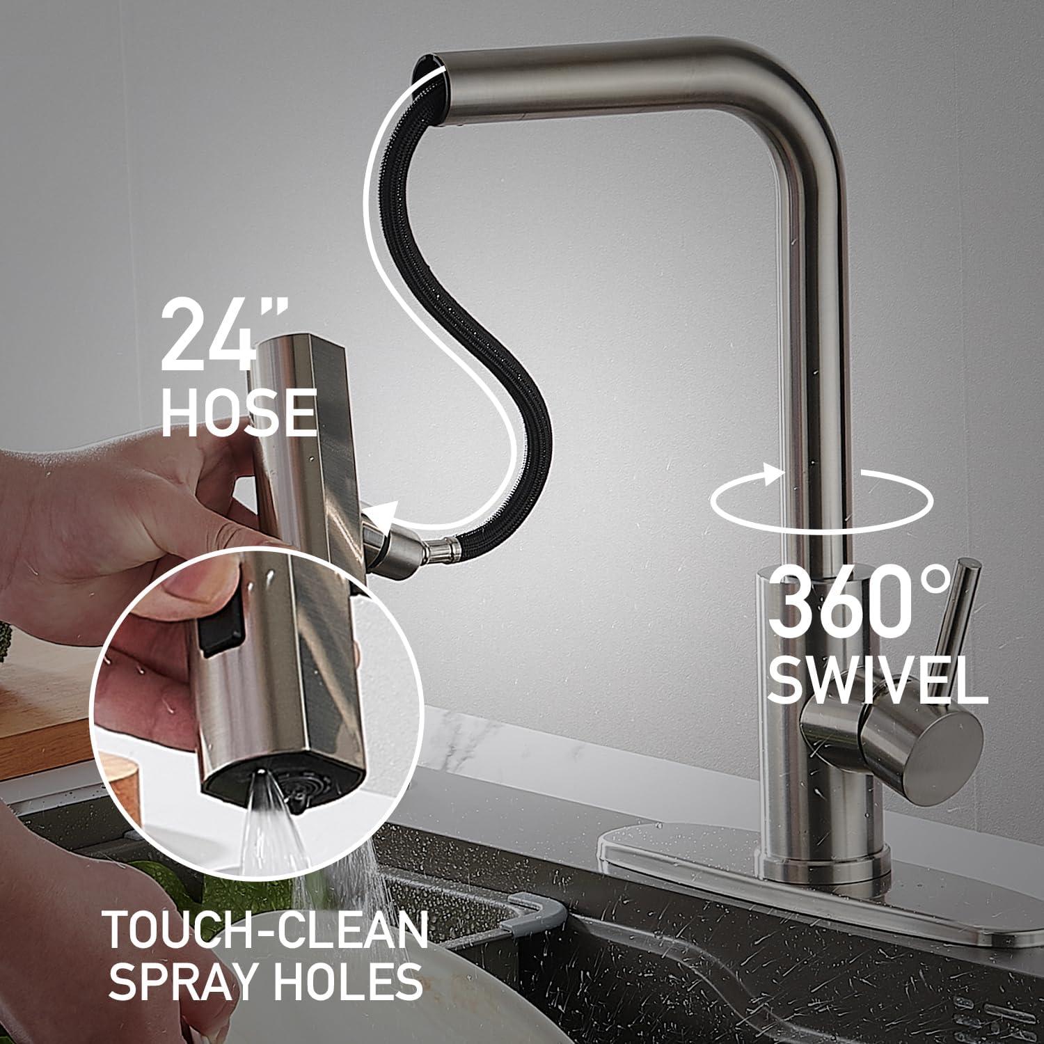 Luxury Waterfall Kitchen Faucet - Brushed Nickel Single Hole Sink Faucet with 3-Mode Pull-Out Sprayer, 360° Swivel, SUS304 Stainless Steel, High Arc, Easy Installation, Durable and Corrosion-Resistant