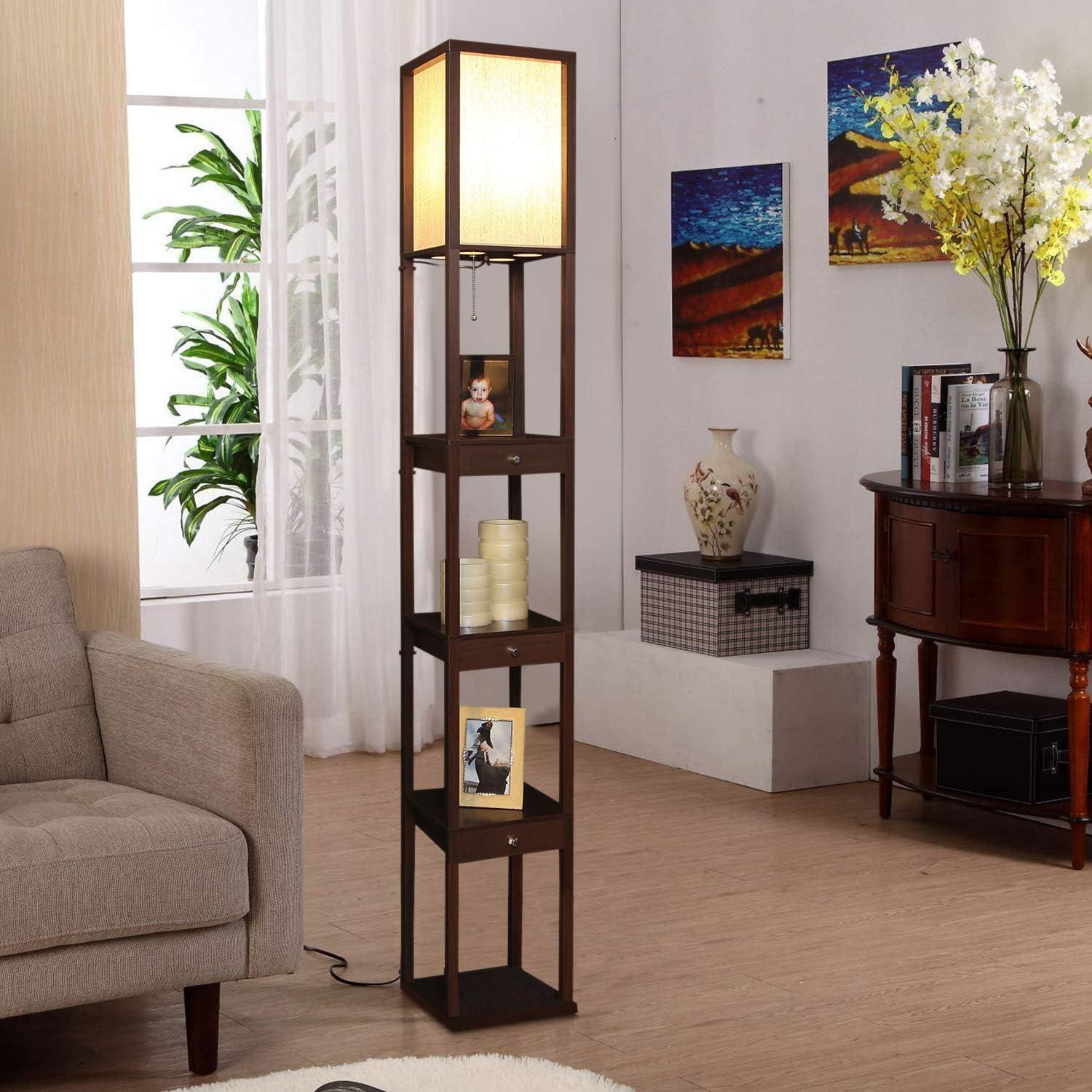 Maxwell 72 in. Havana Brown Traditional 1-Light LED Energy Efficient 3-Drawer Floor Lamp with Beige Fabric Square Shade