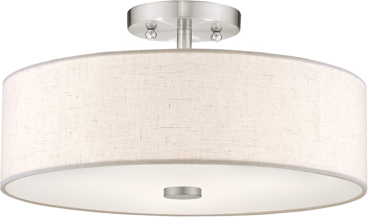 Meridian Brushed Nickel 3-Light Drum Ceiling Fixture with Oatmeal Shade