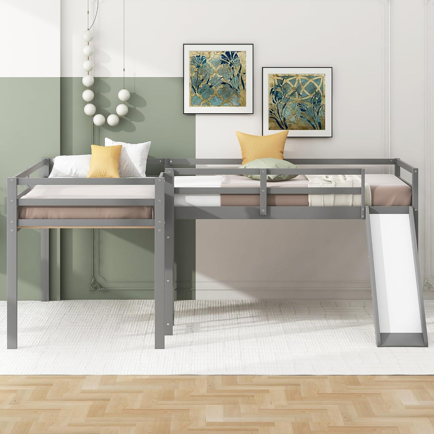 Harper & Bright Designs L-Shaped Loft Bed with Slide, Wooden Low Loft Beds for 2 Kids, Twin Size Low Loft Bed with Built-in Ladders, Gray