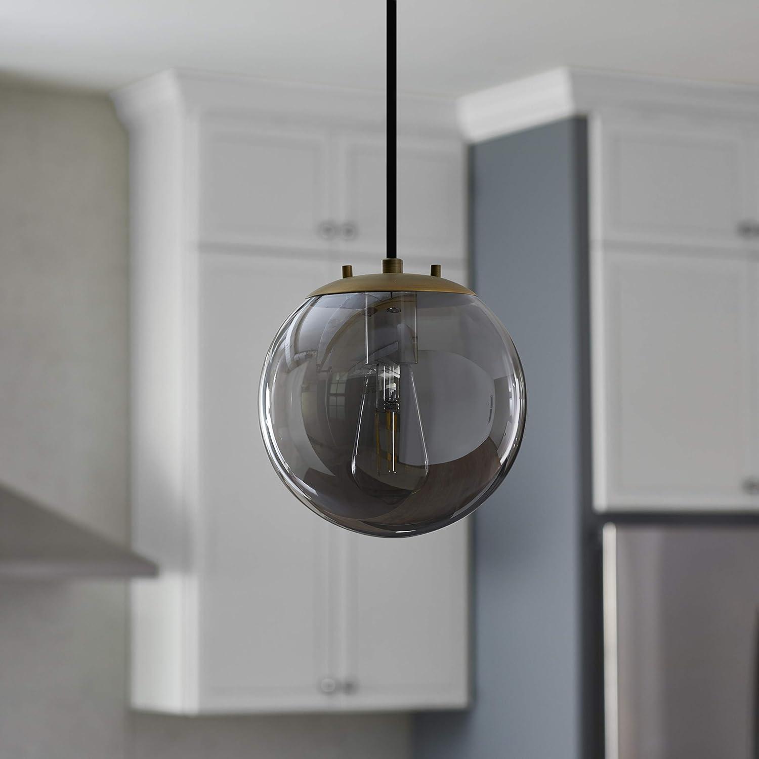 Linea di Liara Sferra Modern Large Glass Pendant Light Kitchen Island Brass Pendant Lighting Smoked Glass Globe Pendant Light Mid Century Hanging Light Fixture, LED Bulb Included, UL Listed
