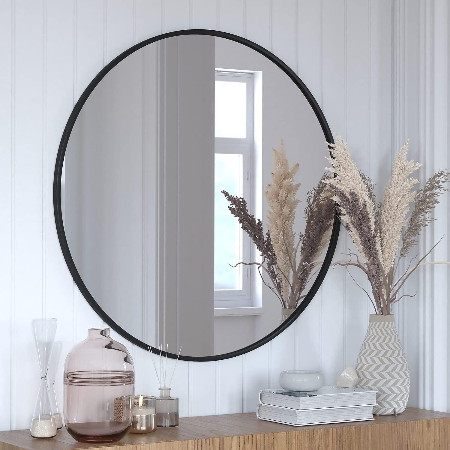 Flash Furniture Julianne 36" Round Black Metal Framed Wall Mirror - Large Accent Mirror for Bathroom, Vanity, Entryway, Dining Room, & Living Room