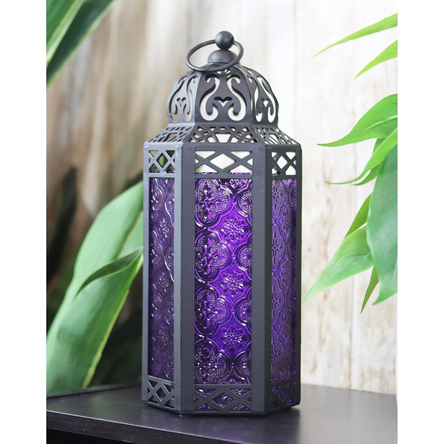 VELA LANTERNS 10.5" Purple Gothic Moroccan Candle Lantern Decorative Candle Holder Lamp for Table or Hanging, Ramadan Decorations, Indoor Home Room Halloween Decor, Outdoor Patio or Porch, Medium