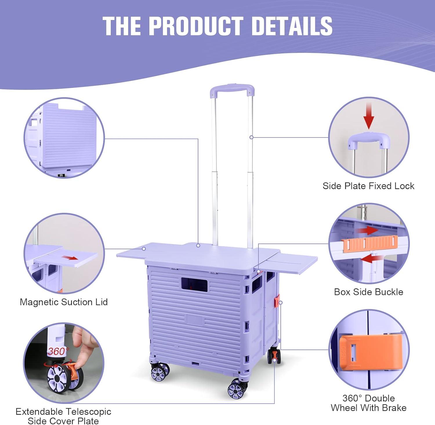 Folding Utility Cart Portable Rolling Crate Handcart with Magnetic Sliding Lid Telescoping Handle Heavy Duty Plastic Box Dolly 360Swivel Wheels for Travel Shopping Move Office Use(Purple Pro)