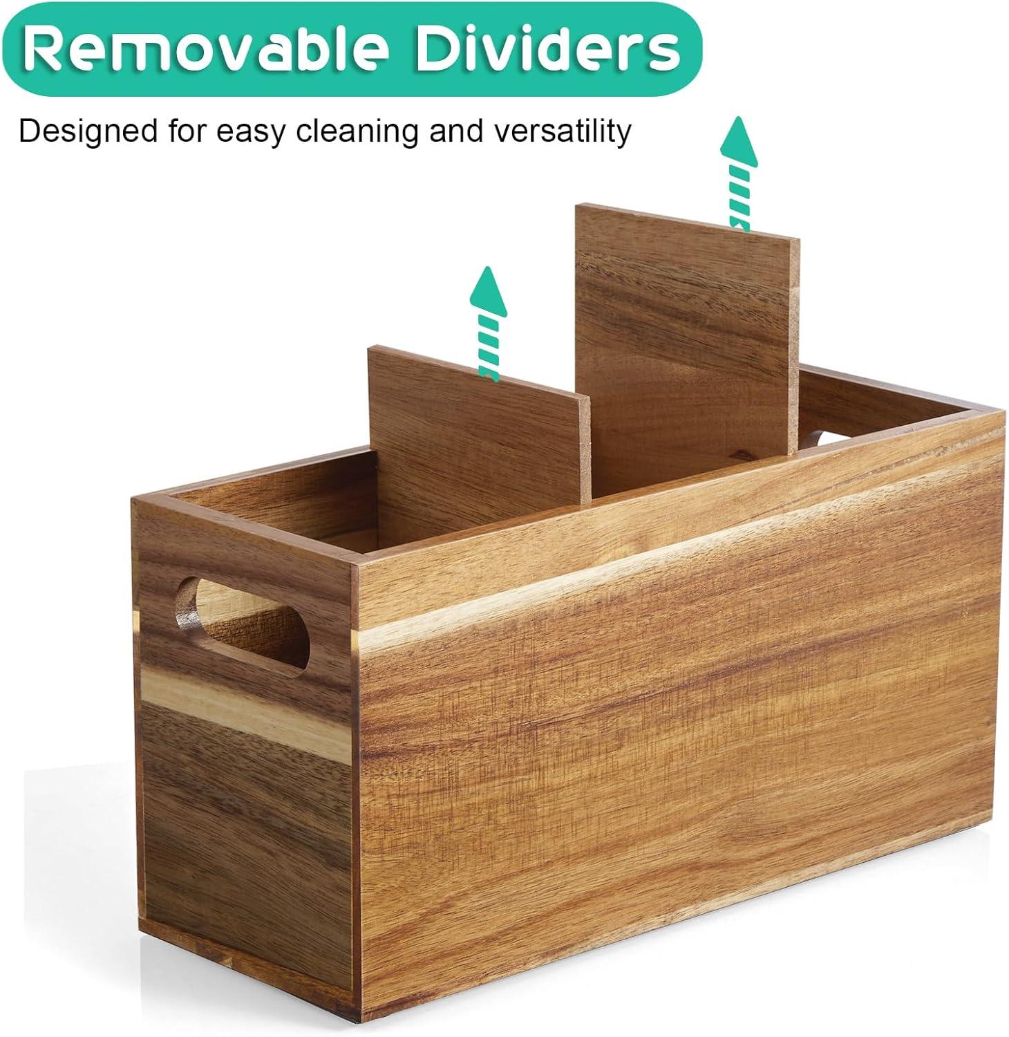 Wooden Utensil Holder for Kitchen Counter, Large Acacia Rustic Utensil Holder for Countertop with 3 Compartments, Wall Mounted Cooking Utensil Holder,