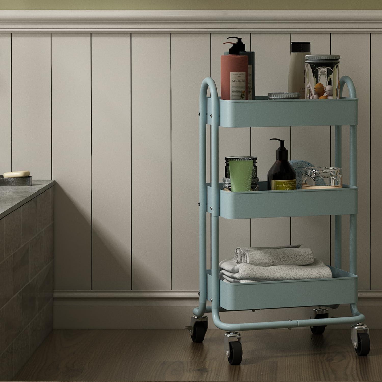 3-Tier Rolling Cart with Wheels,Kitchen Storage Carts or Metal Rolling Utility Cart with Handle,Movable Storage Organizer,Blue Carts for Nursery, Kitchen, Bathroom, Craft Room（13.4"x18.1"x31"）