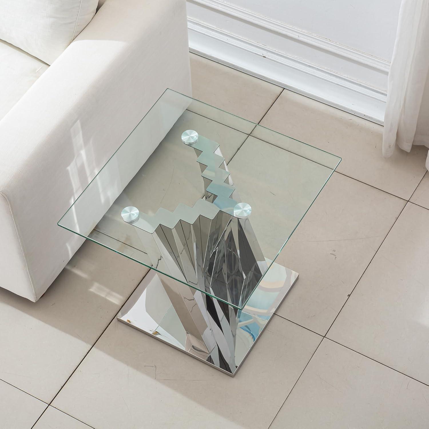 Ssline Silver Mirror Finish Stainless Steel Base End Table with Tempered Glass Top,Size 22.84*22.84*21.65