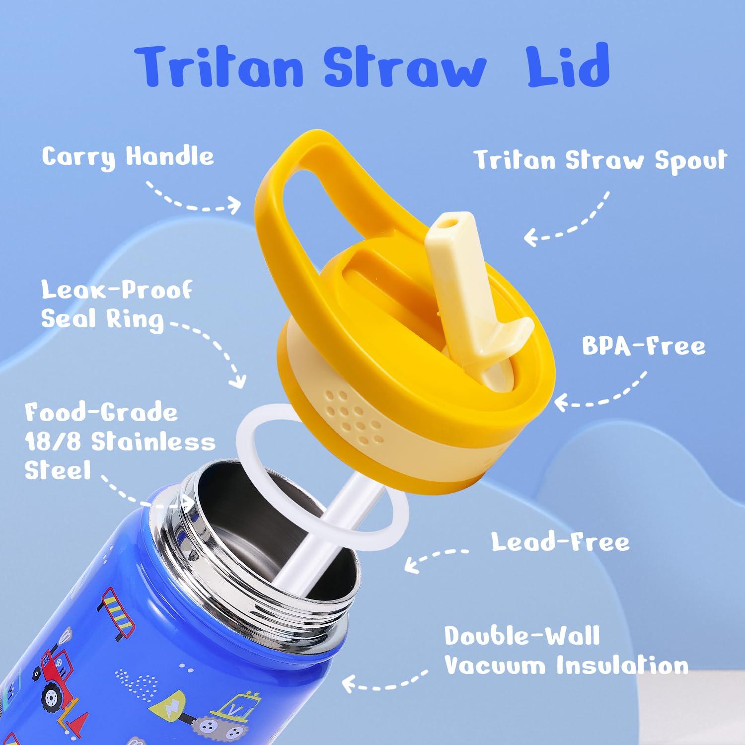 Buzio Insulated Water Bottle with Straw for Kids, 2 Lids Double Vacuum Metal Water Bottle, 14 Ounce, Blue Shark