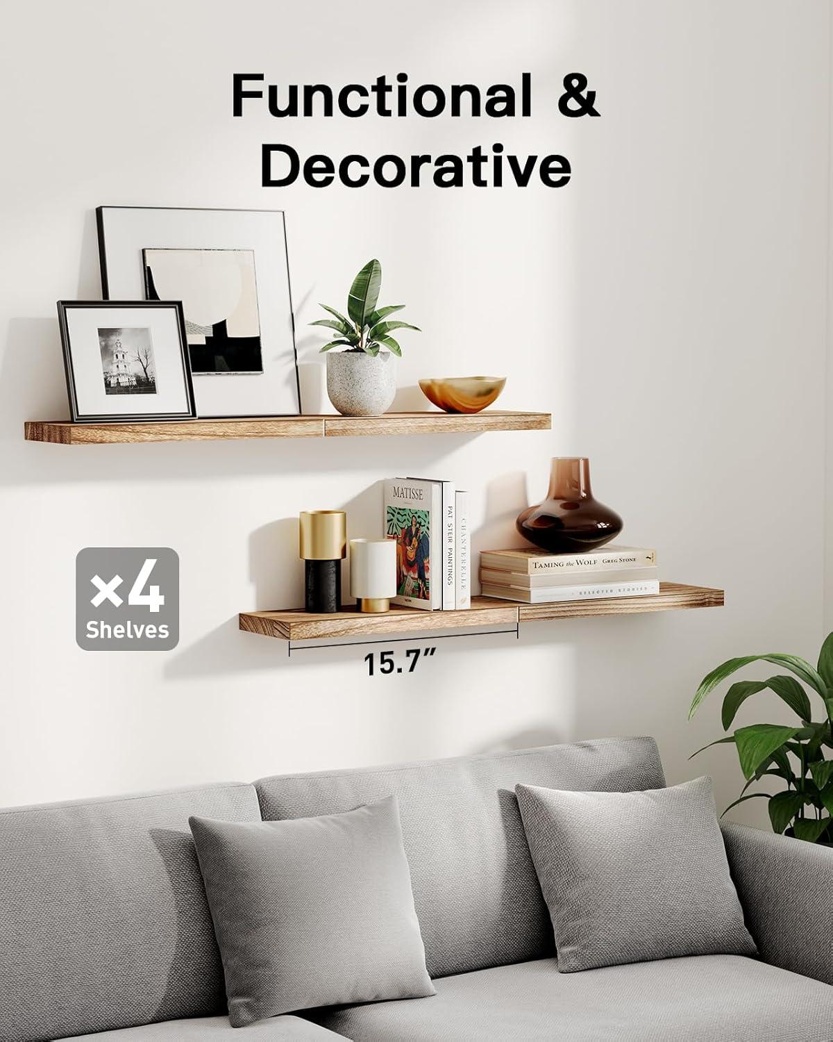 Floating Shelves, Paulownia Wood Wall Shelves for Bathroom/Living Room/Bedroom/Kitchen/Home Office, Natural Wood Floating Shelf for Home Storage & Organization, Set of 4, AMFS40W