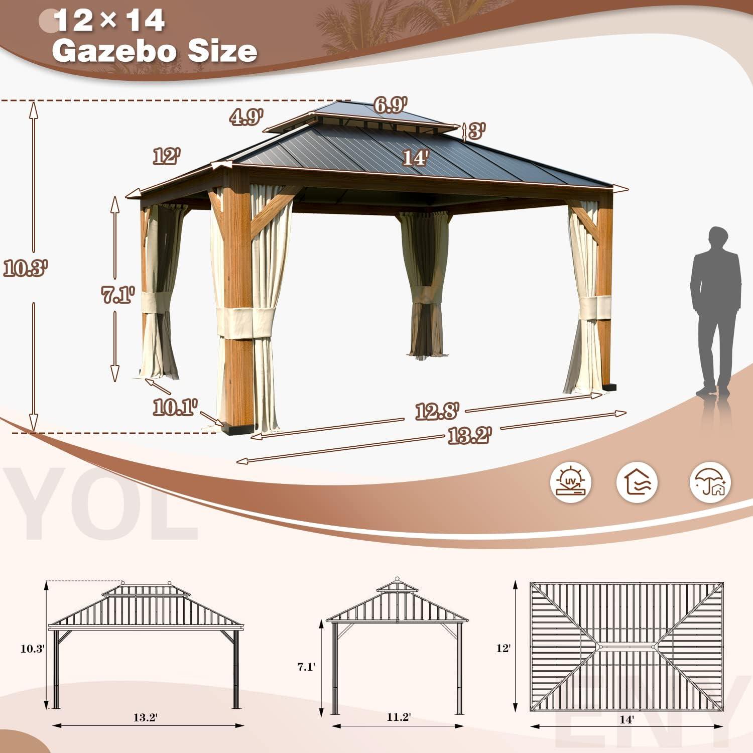 Erommy Outdoor Galvanized Steel Roof Gazebo Pergola w Wooden Coated Alumninum Frame, Privacy Curtains and Nettings Include Ultra Thick 12' x 14'