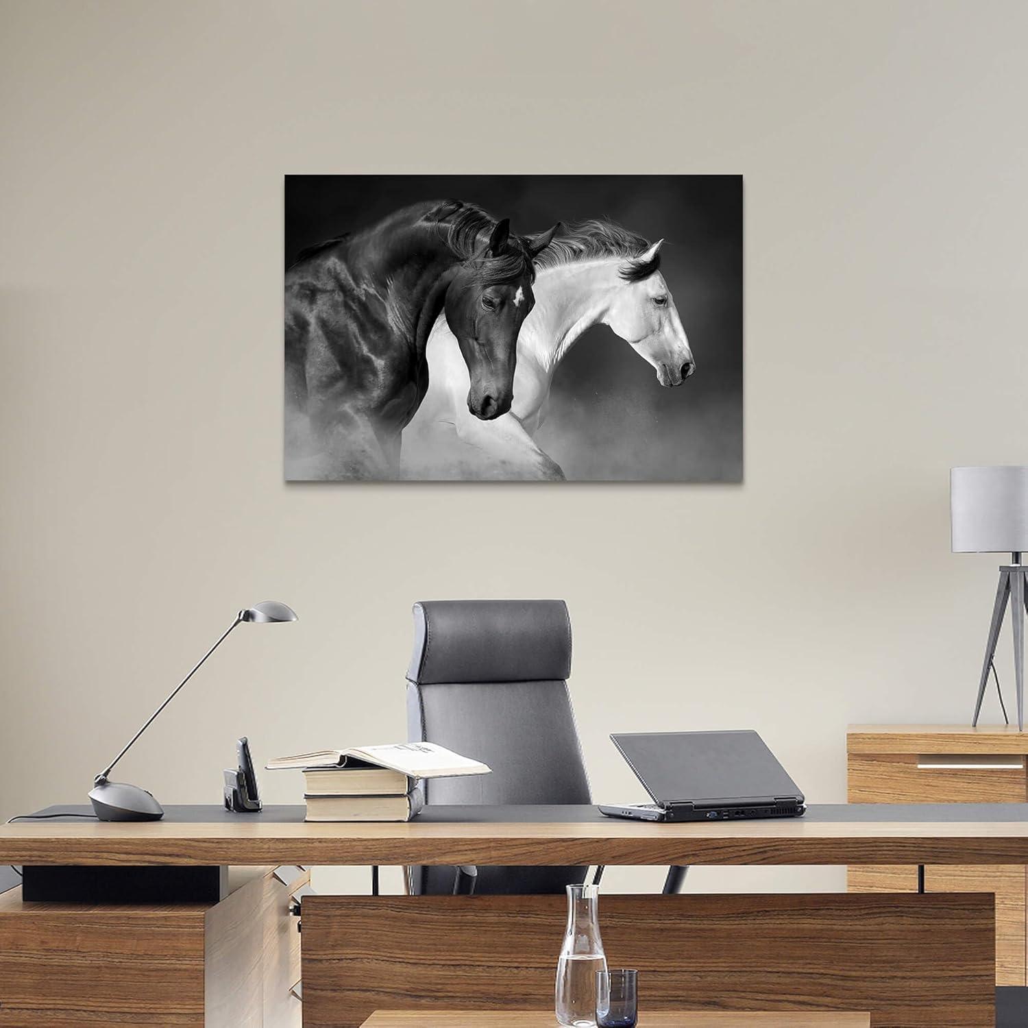Shadudu Wild Horses Canvas Wall Art - Black White Horse Racing Picture Two Vintage Animals Artwork Print Painting for Home Office Bedrooms 36x24in