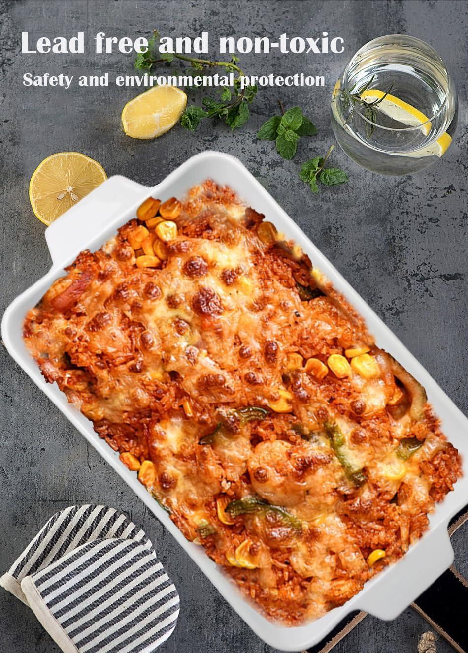 Qlans Casserole Dish, 9x13 Ceramic Baking Dish, Large Lasagna Pan Deep for Oven, 4.2 Quarts Baking Pan with Handles, For baking cake in the kitchen,Mother's Day Gifts, White
