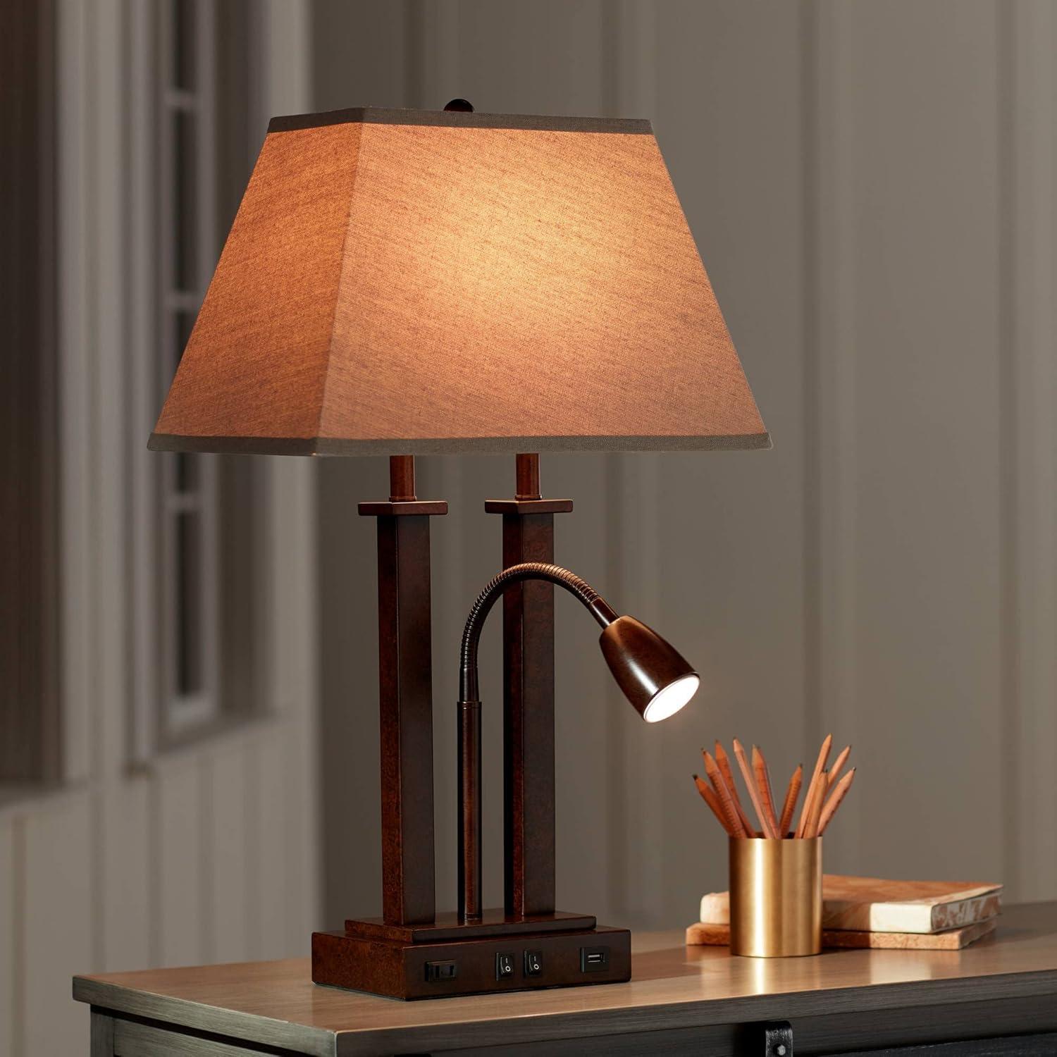 Possini Euro Design Deacon Modern Desk Table Lamp 26" High Bronze with USB and AC Power Outlet in Base LED Reading Light Oatmeal Shade for Office Desk