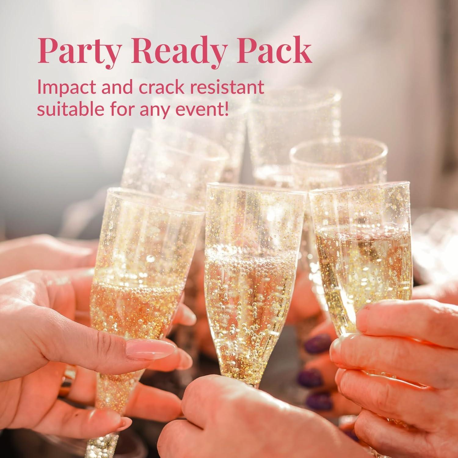 Prestee 24 Champagne Flutes Disposable, Gold Rim Glitter Plastic Cups