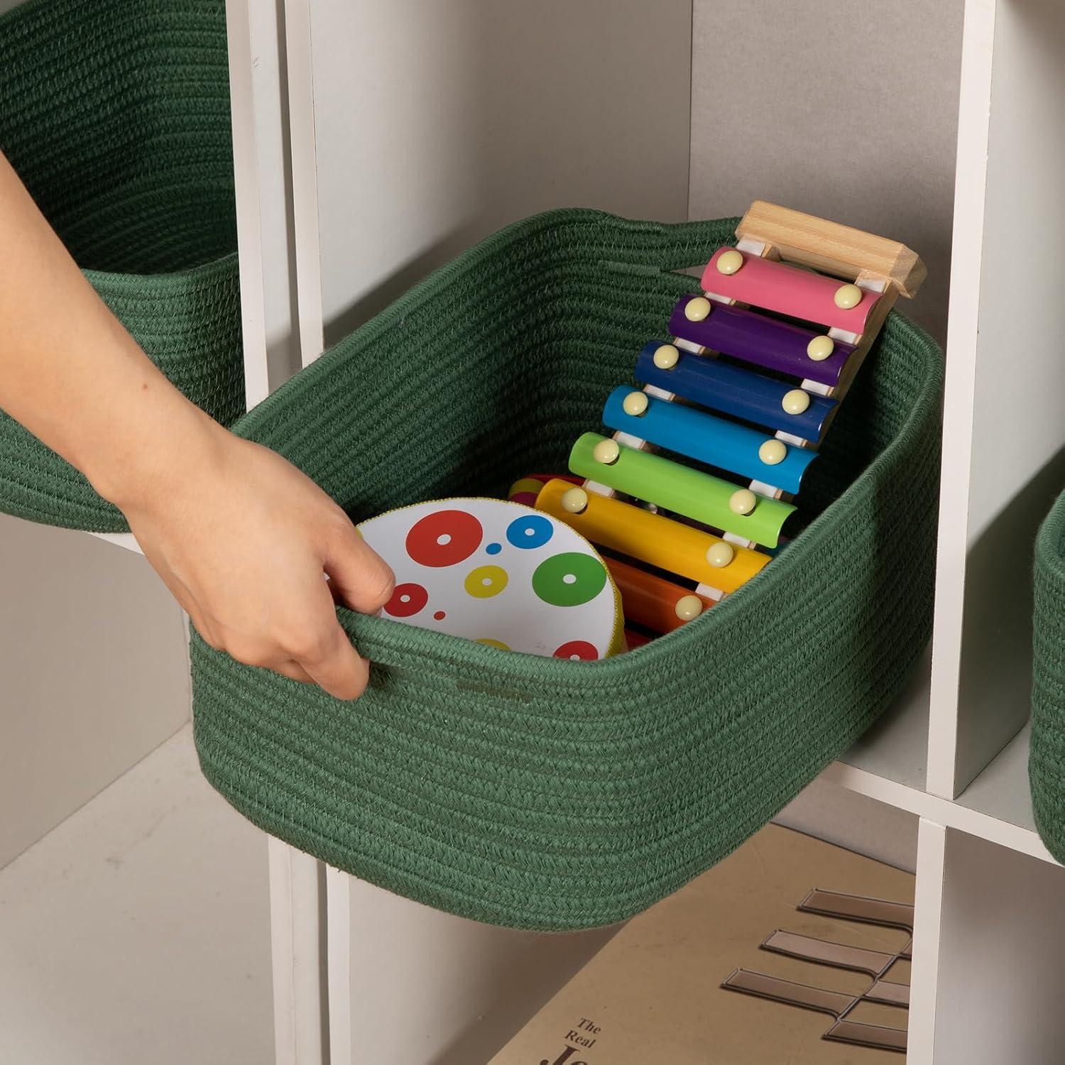 Design 3-Pack Storage Baskets for Shelves, Decorative Baskets for Organizing, Woven Baskets for Storage, Book Basket Cube Storage Bin Box, Pantry Closet and Shoe Organizers, Forest Green