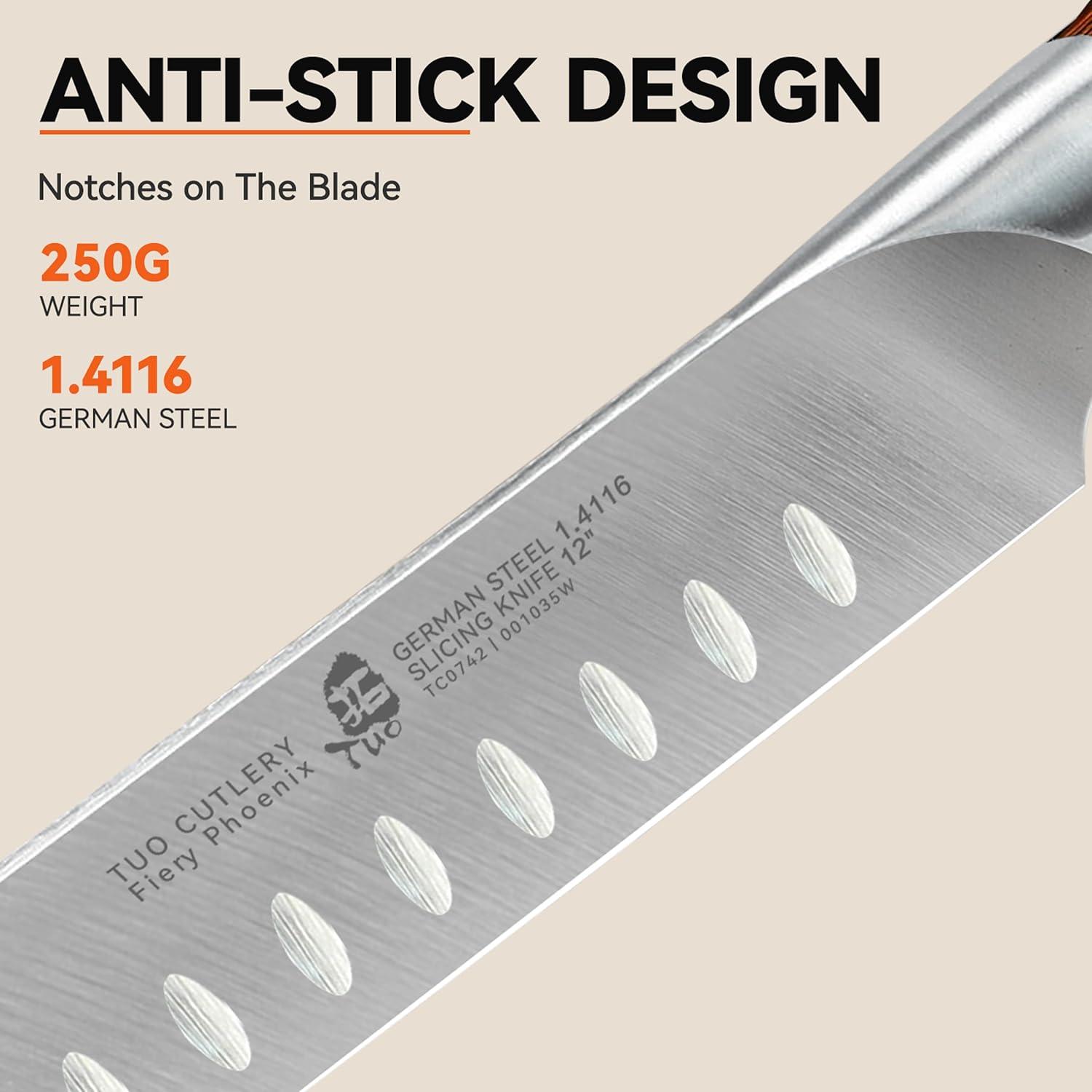 TUO Slicing Knife 12" Granton Carving Knives Hollow Ground Meat Cutting Knife-