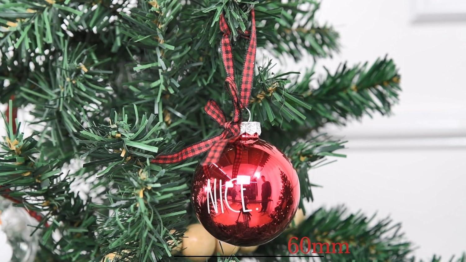 Rae Dunn Christmas Ornaments - Set of 12 Clear Glass Balls with Cute Holiday Designs - 60mm / 2.36 Inch Hanging Decorations for Xmas Tree